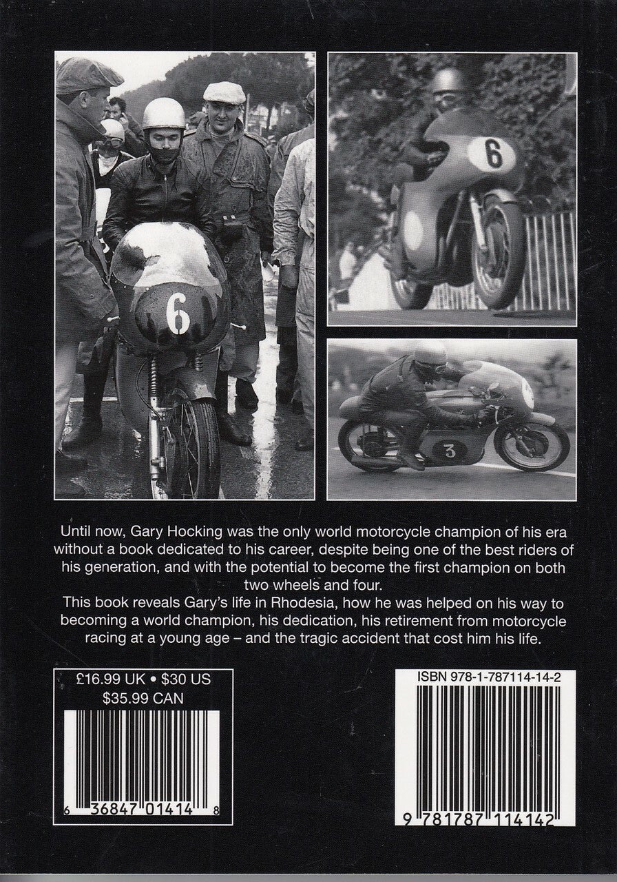 Motorcycle racing history book, black-and-white photo collage, barcode and pricing on back