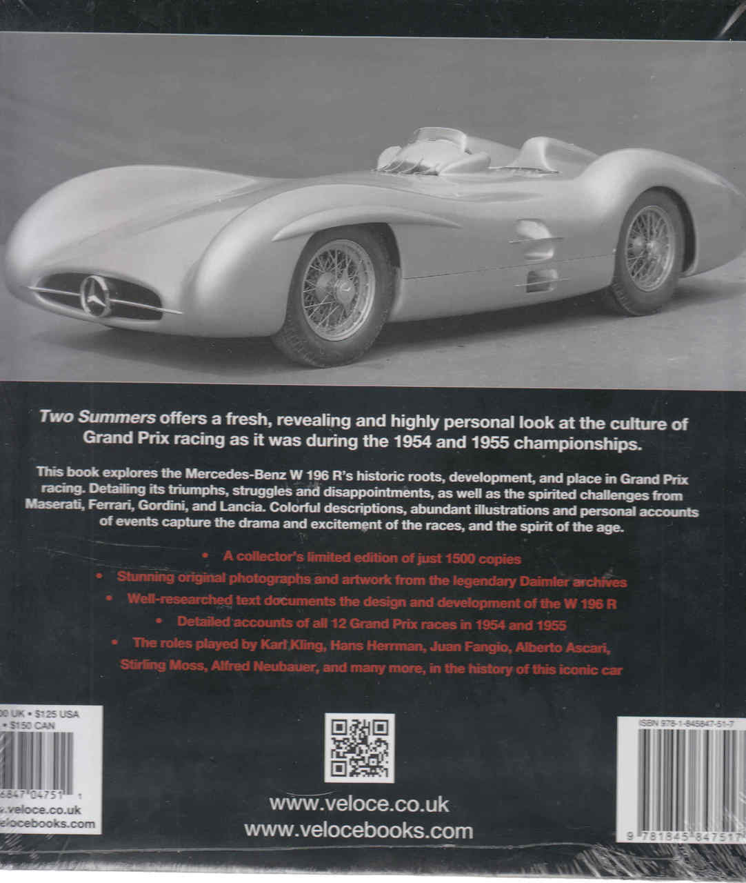 Mercedes-Benz W196R racing car book back cover with side photo of silver race car