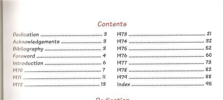 Book contents page listing years and topics with page numbers
