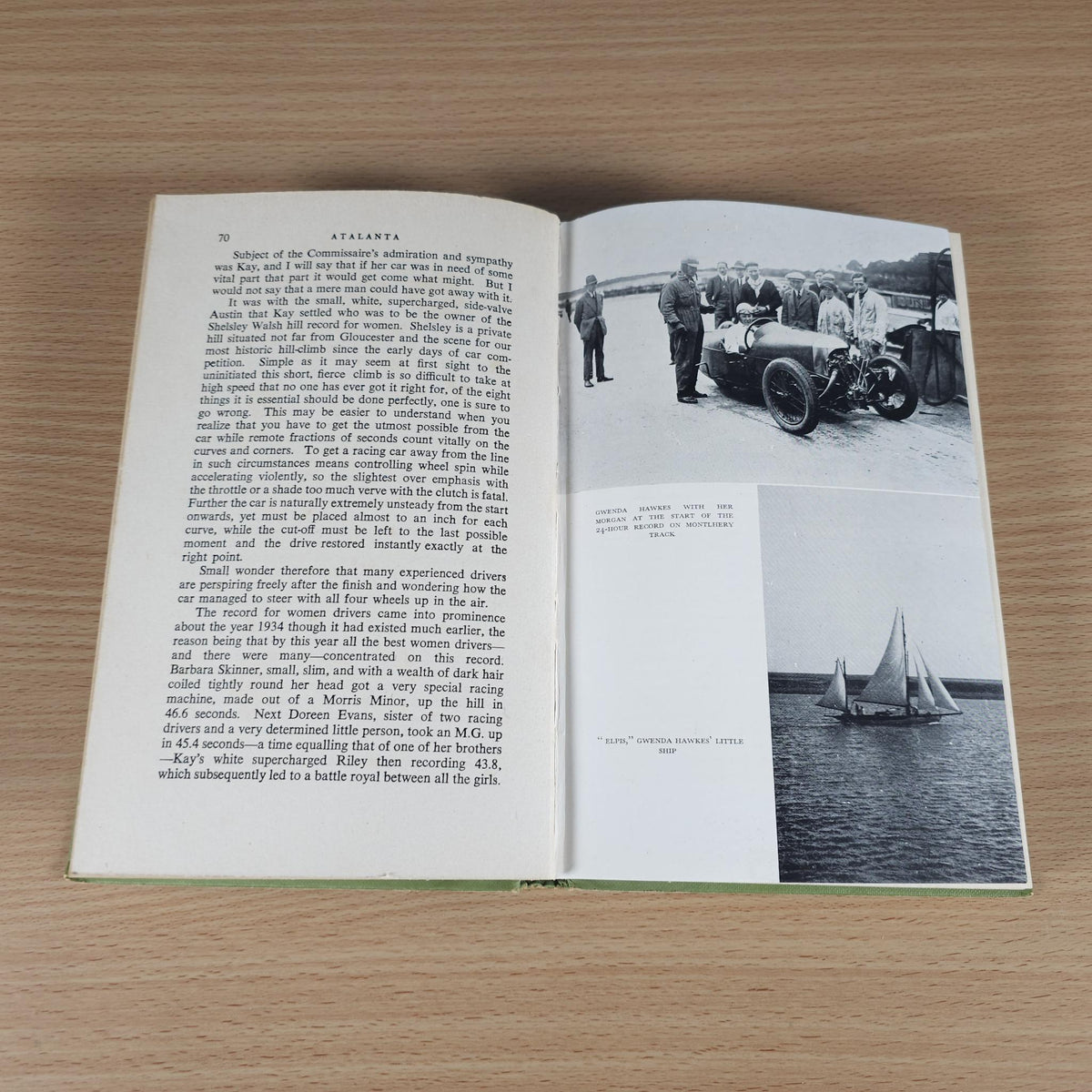 Open book spread with left text and right photo of boats and sailors.