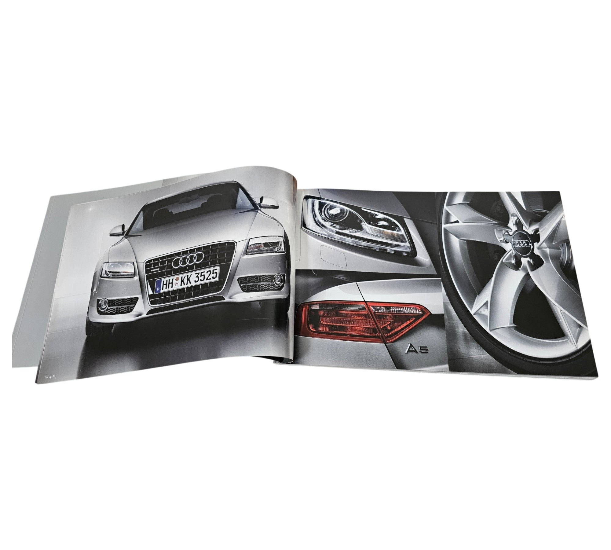 Audi A5 prestige portfolio booklet, open to exterior photos and wheel detail