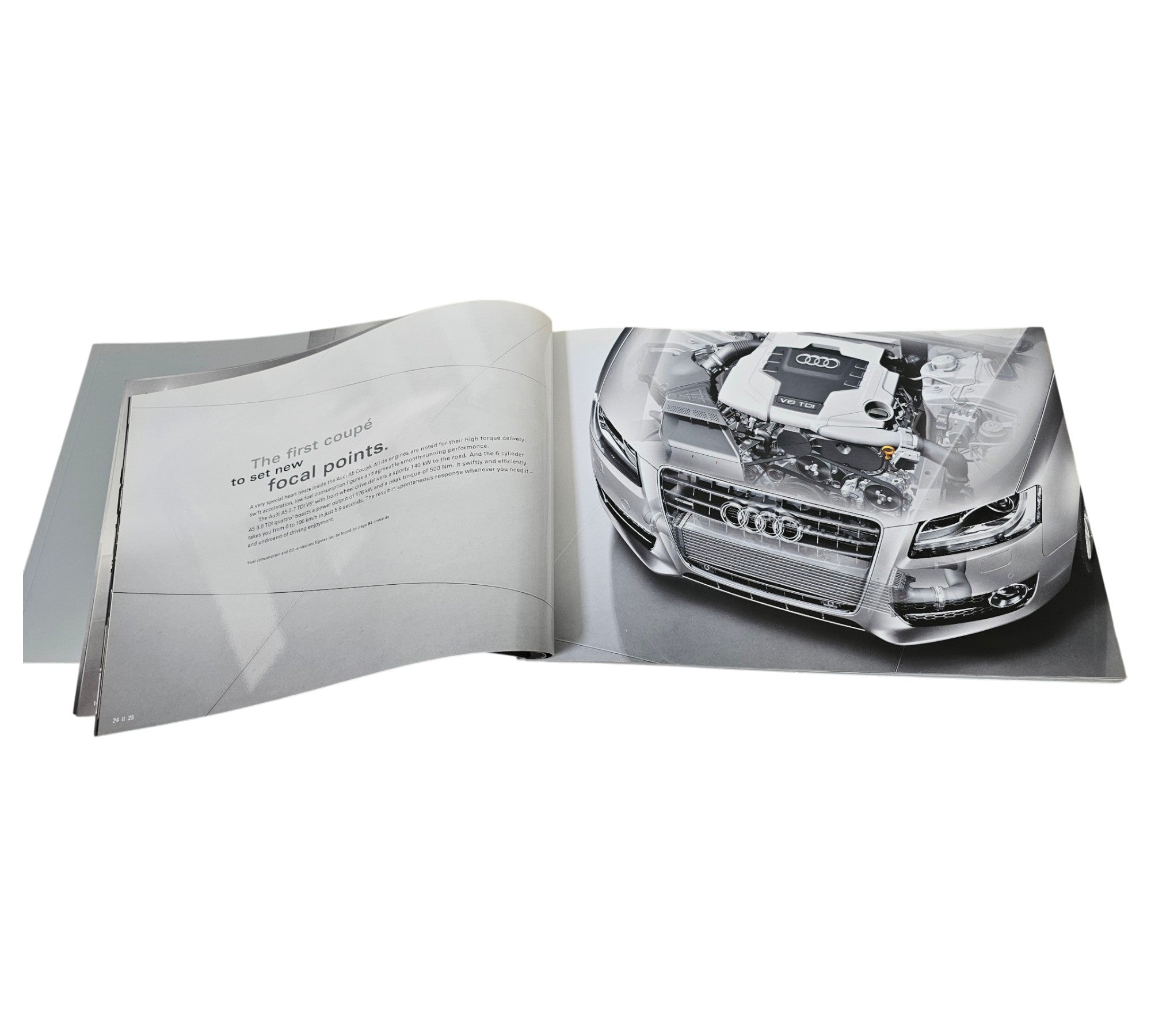 Audi A5 prestige portfolio booklet, open to front view and engine close-up