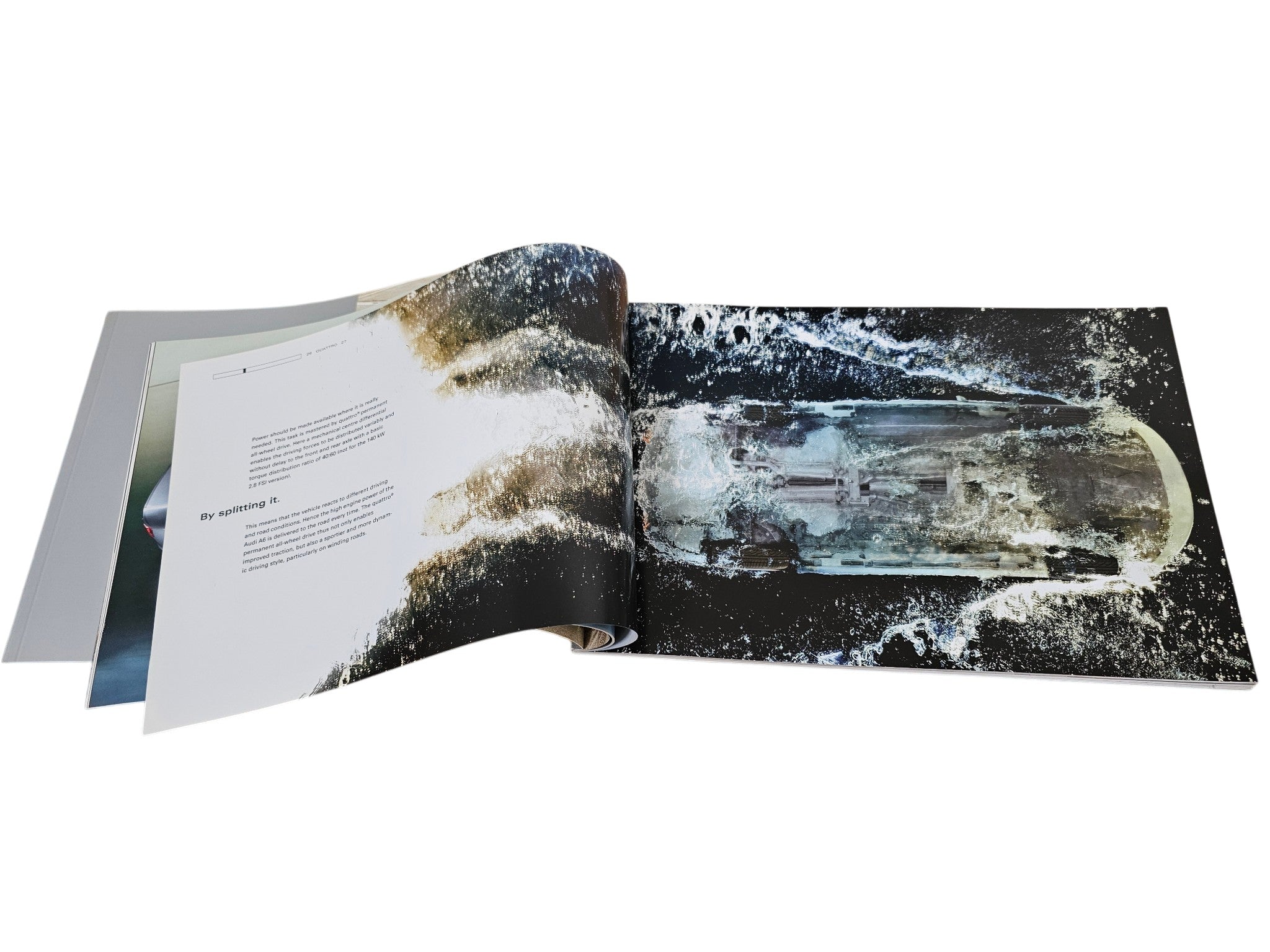 Opened brochure with printed pages and a scenic photo collage spread