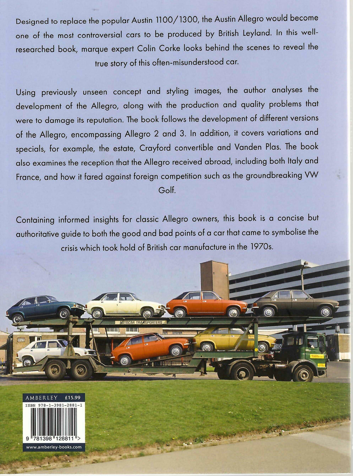Classic car history book pages with paragraph text and collage of multiple classic cars