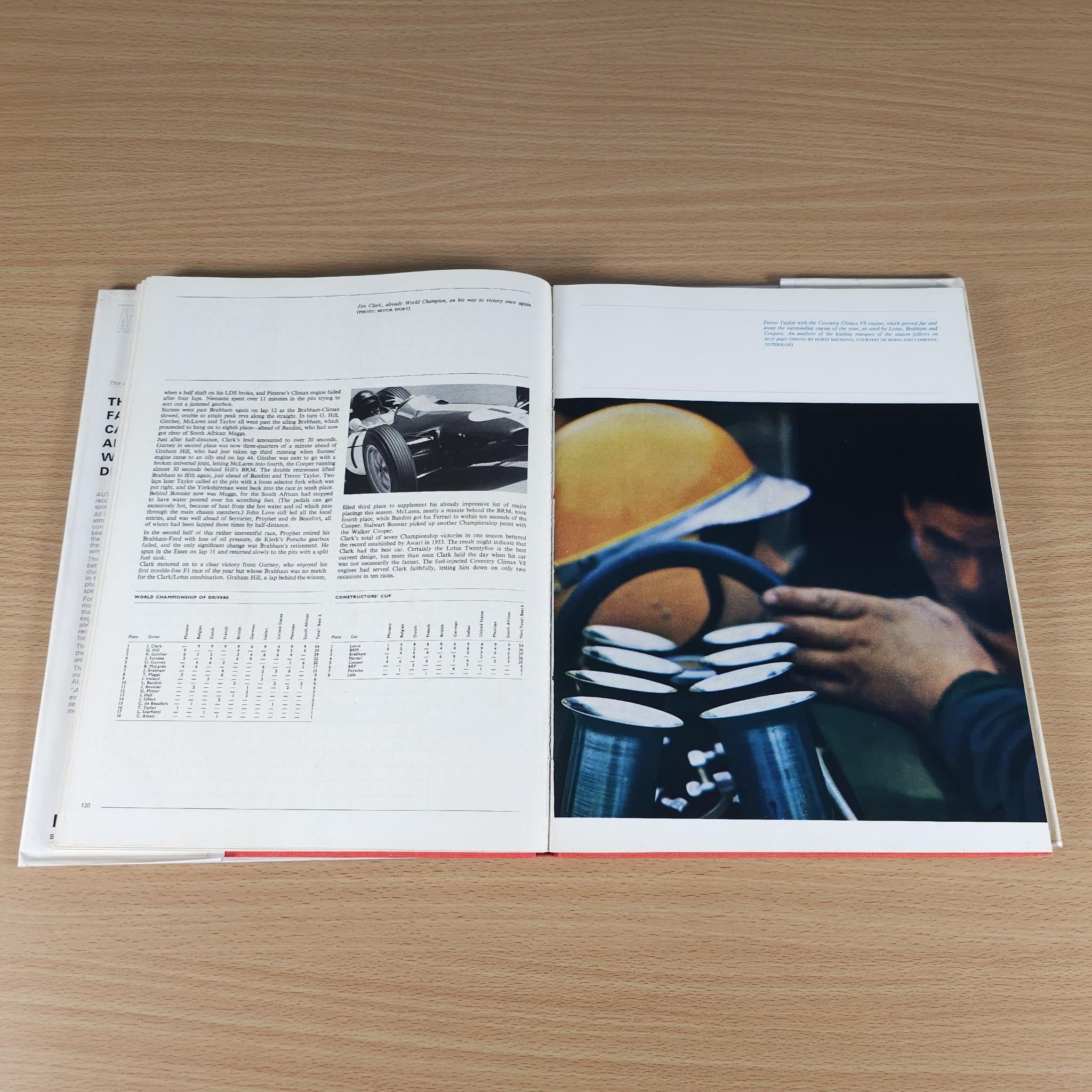 Open motorsport review book showing racecar photo and hands working in black-and-white