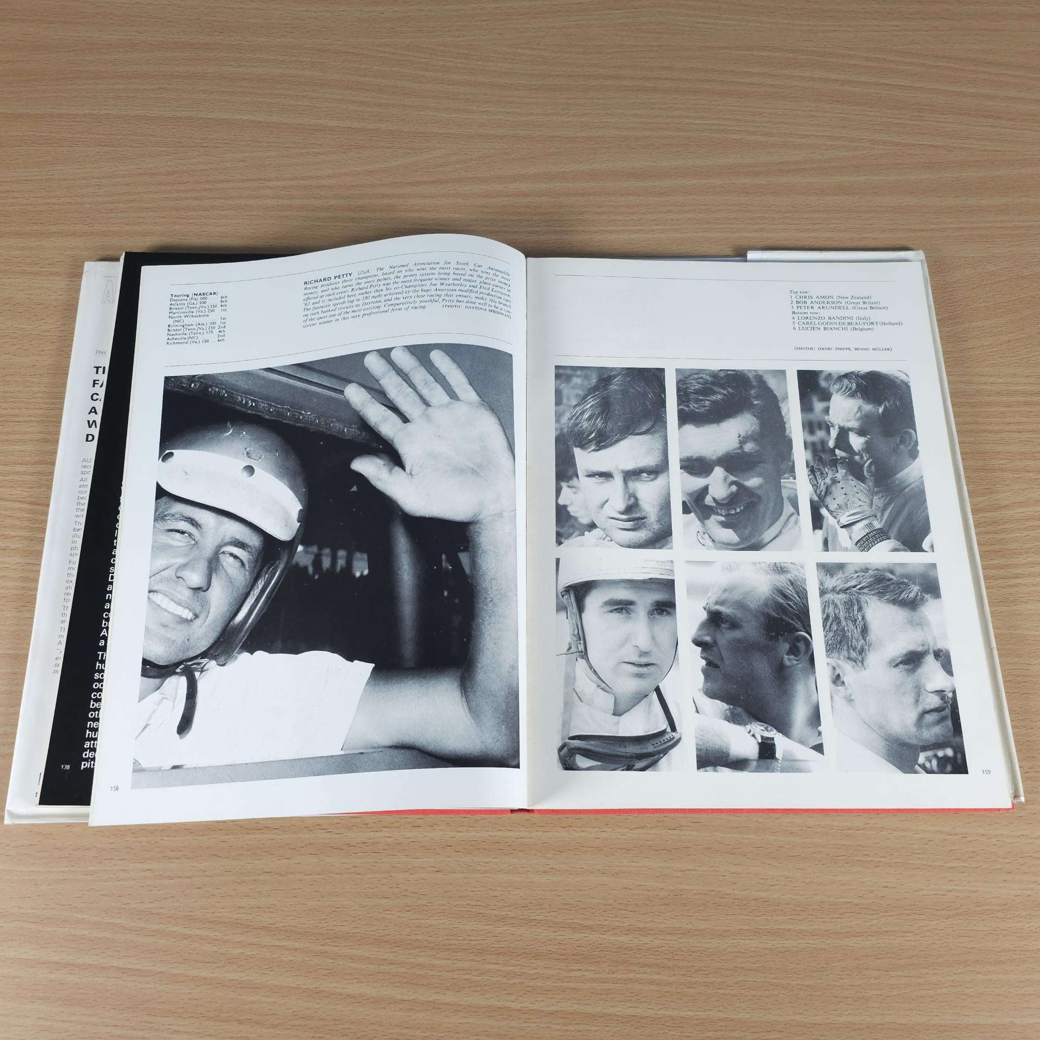 Open motorsport review book with helmet portrait photo and multiple driver headshots grid