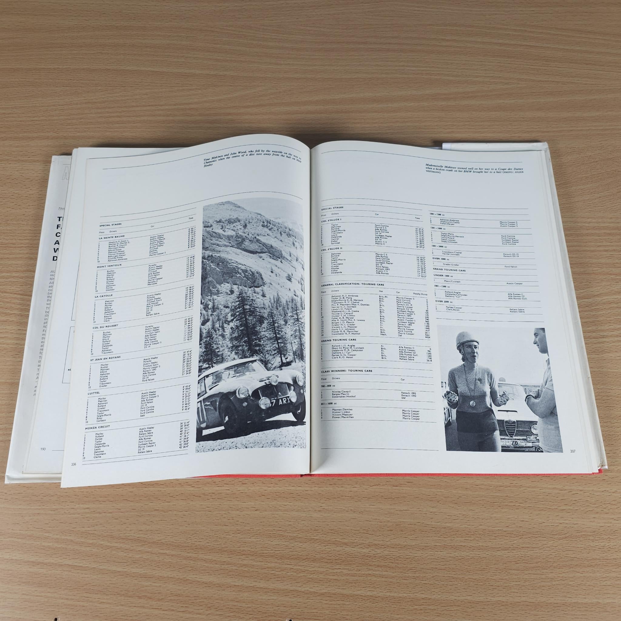 Open motorsport review book with snow mountain photo and detailed schedule tables