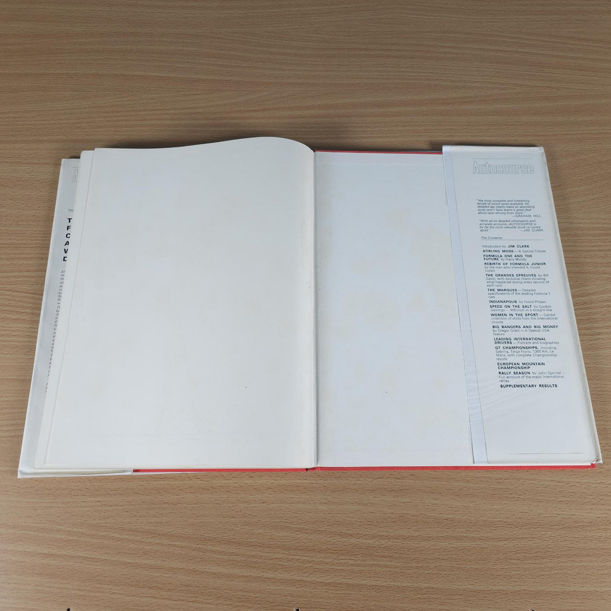 Open motorsport review book with blank pages and a section of small text on the right