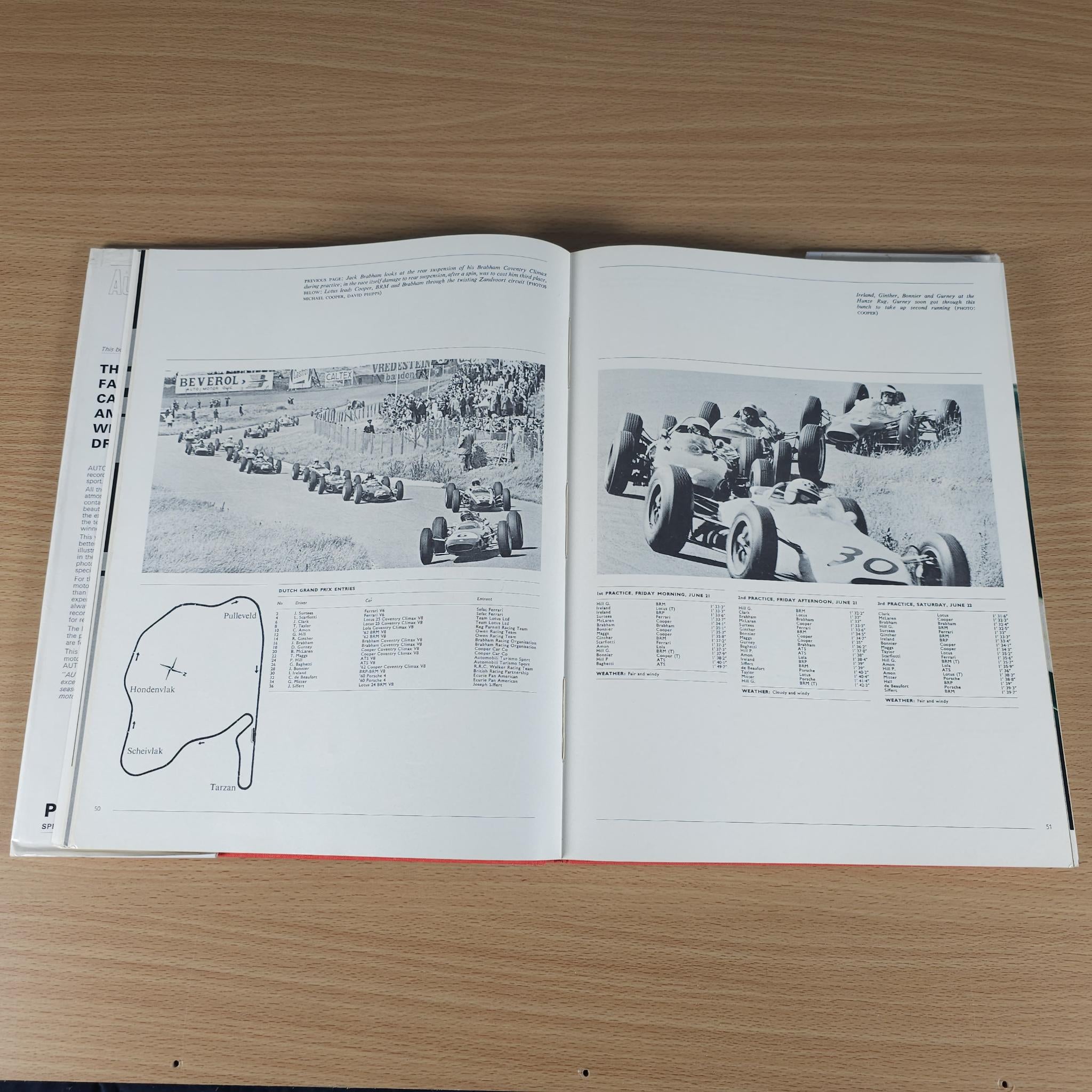 Opened motorsport book with race photos and diagram graphics across two pages.