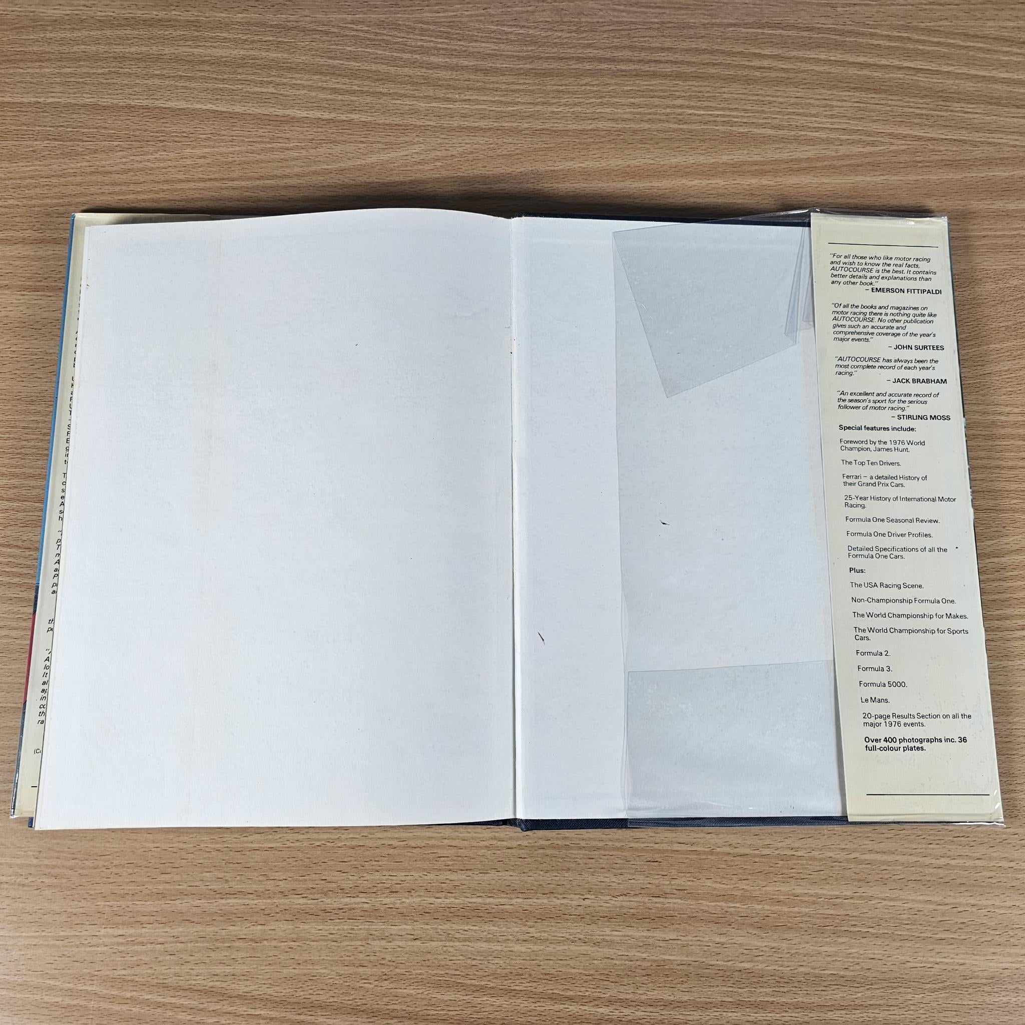 Hardcover motorsport annual, open pages with mostly blank layout and notes