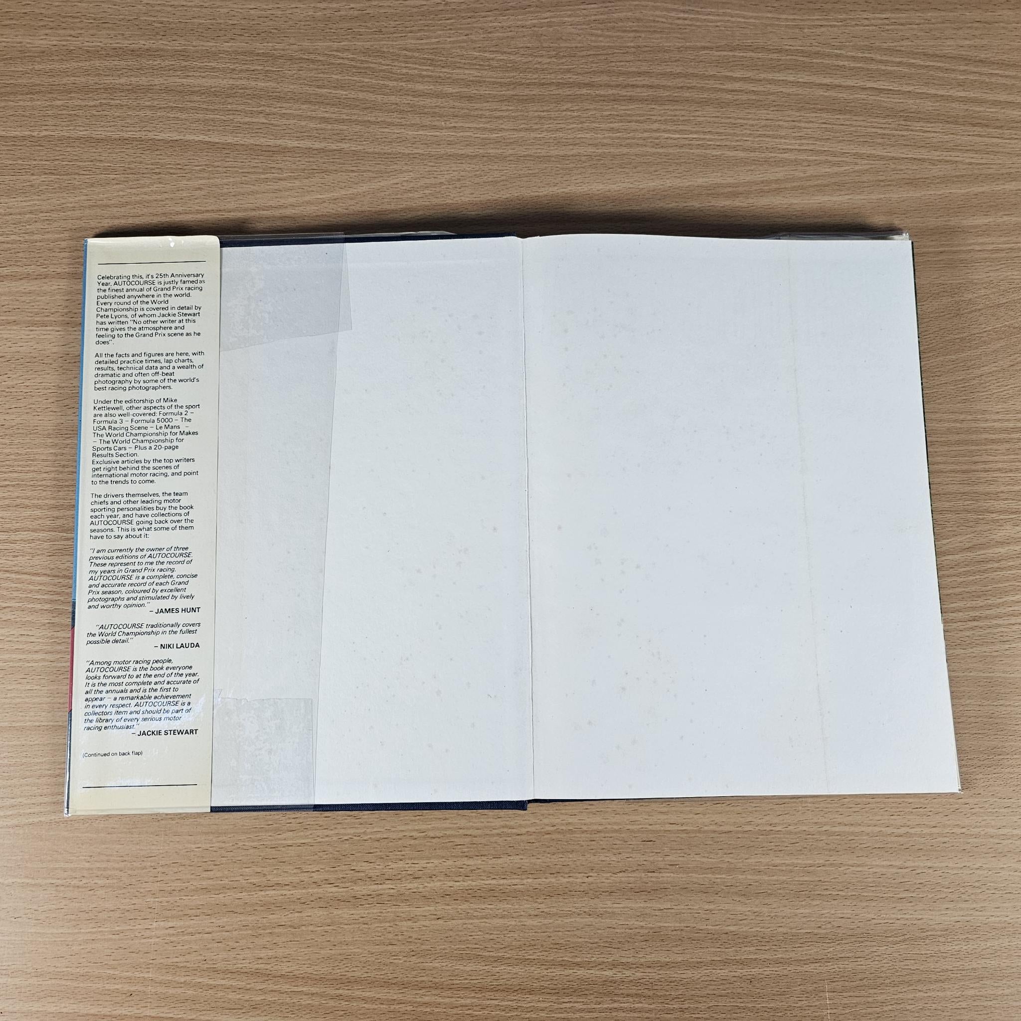 Hardcover racing annual book, inside pages shown with printed text column on left