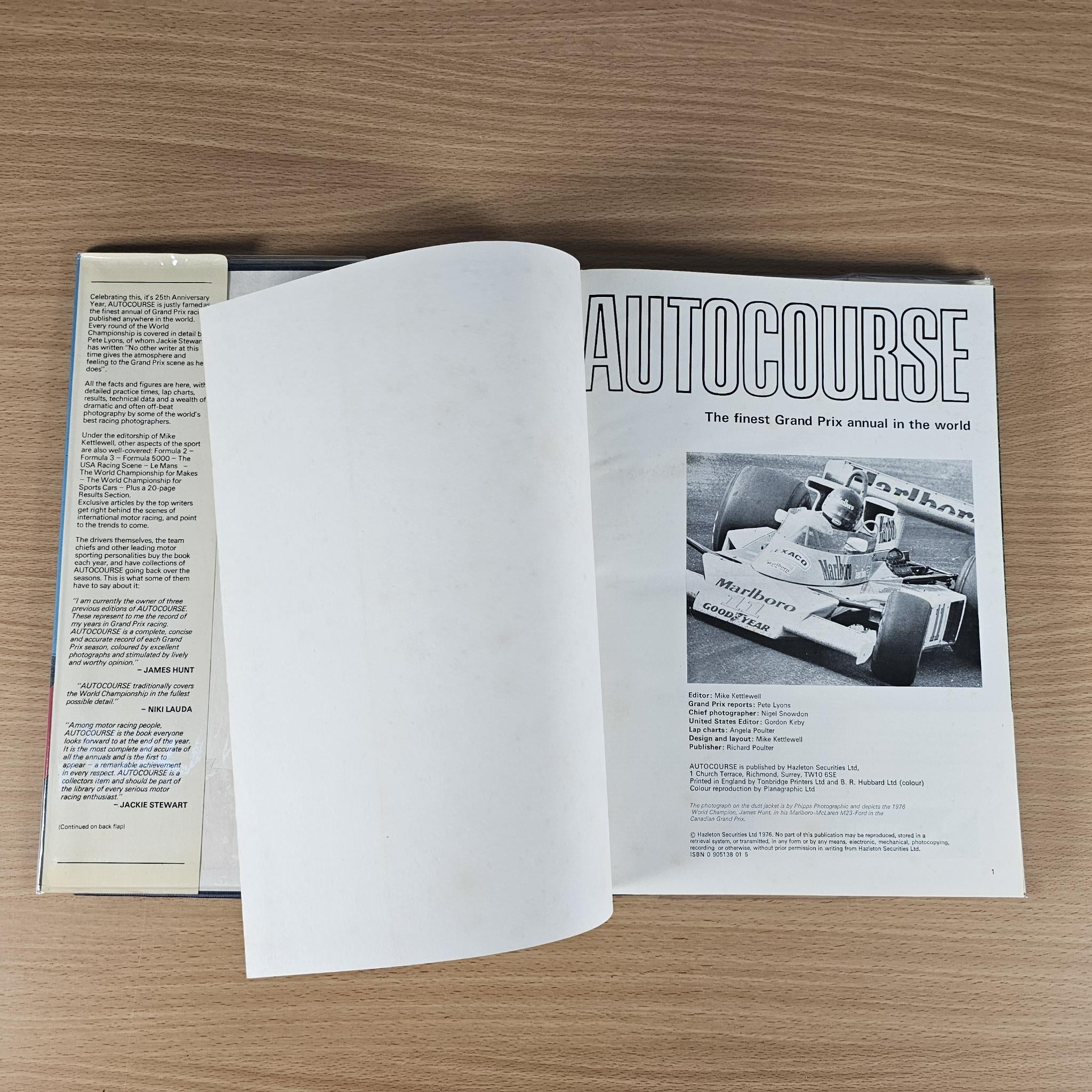 Hardcover racing annual book, open pages with title header and vintage race photo