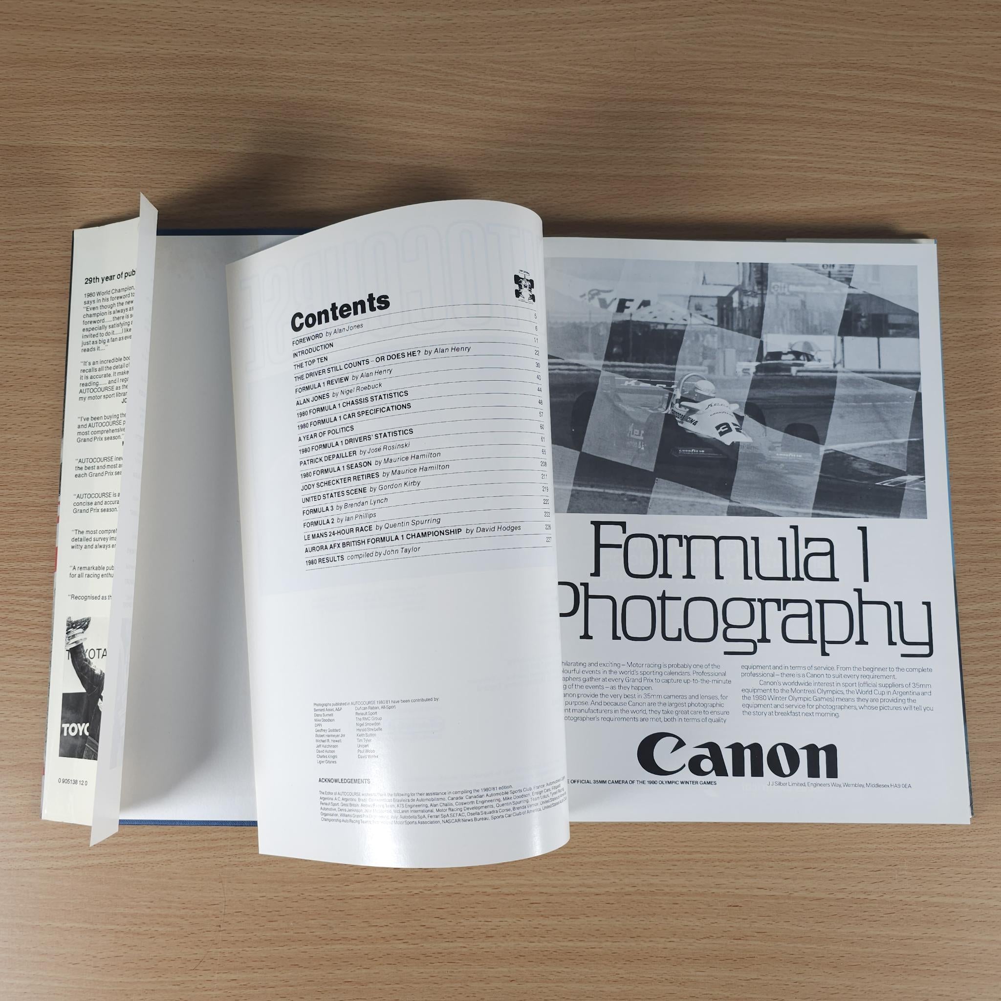 Autocourse 1980–81 book open to contents page and “Formula 1 Photography” spread