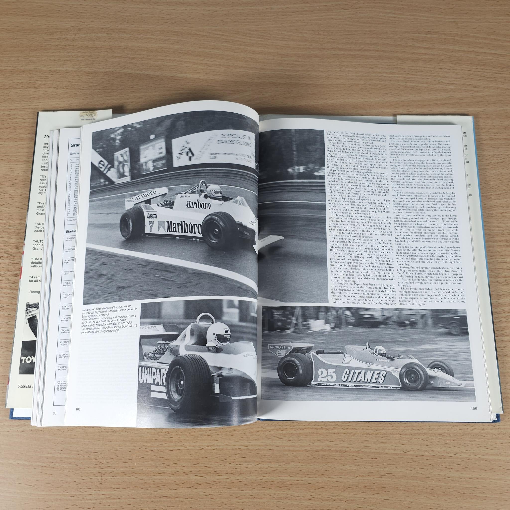 Autocourse 1980–81 book open to black-and-white racing photo pages