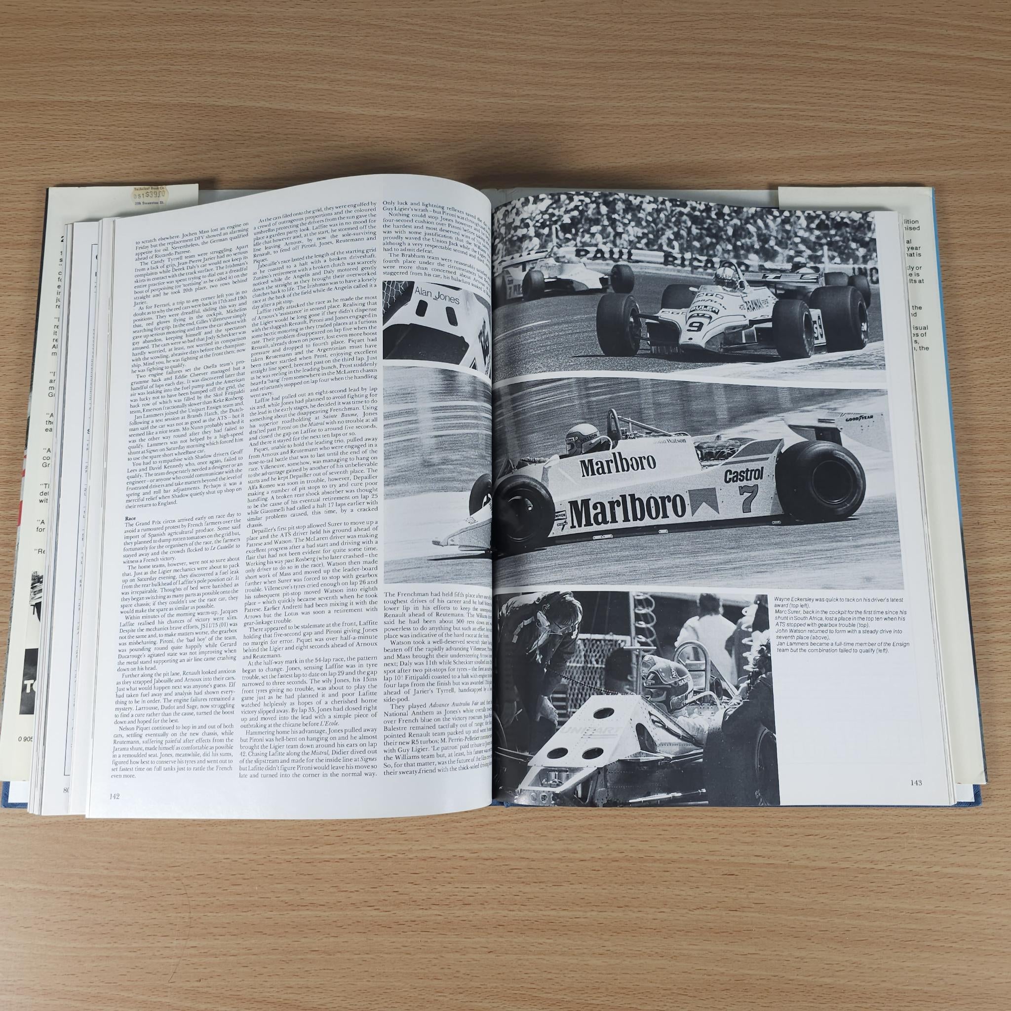 Autocourse 1980–81 book open to monochrome F1 photos with captions