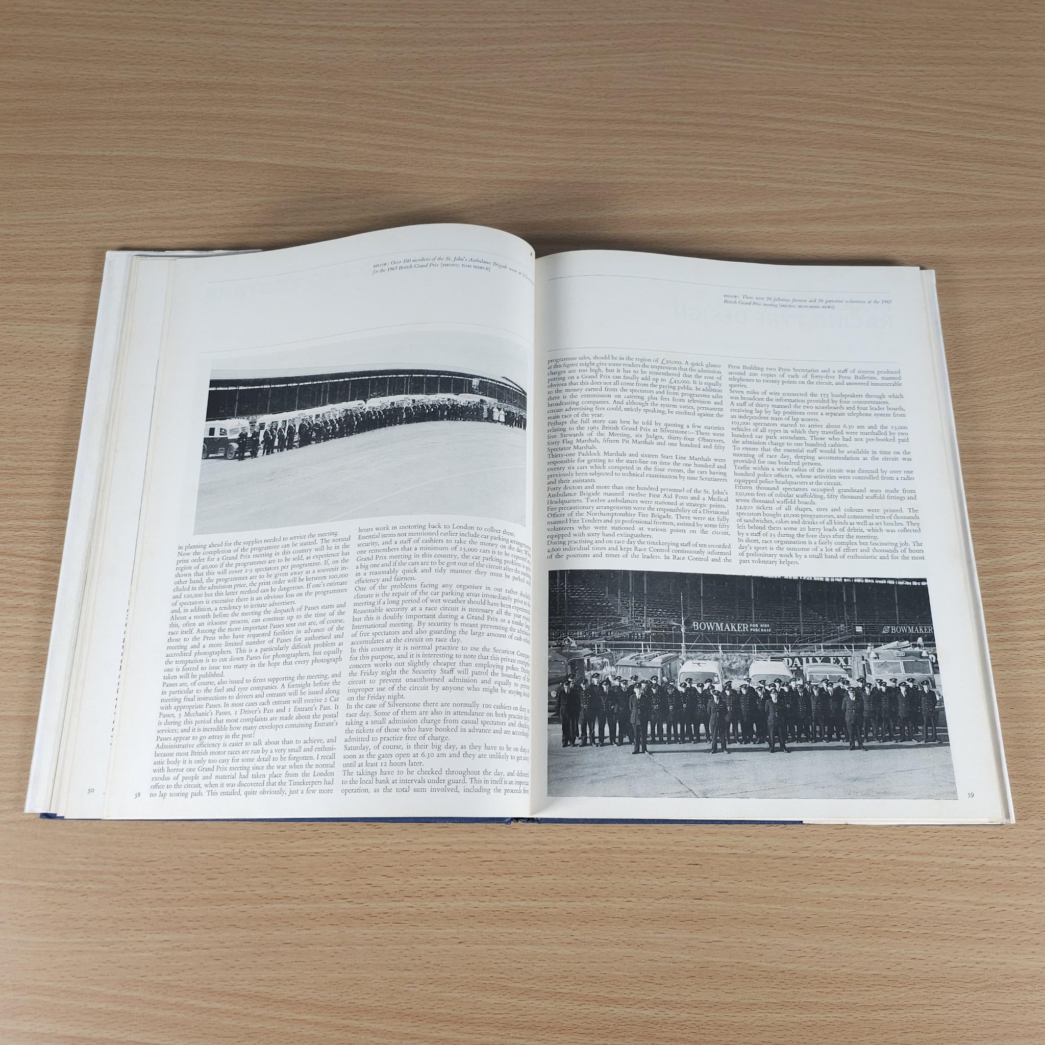 Open vintage motorsport review book spread with black-and-white group photo pages
