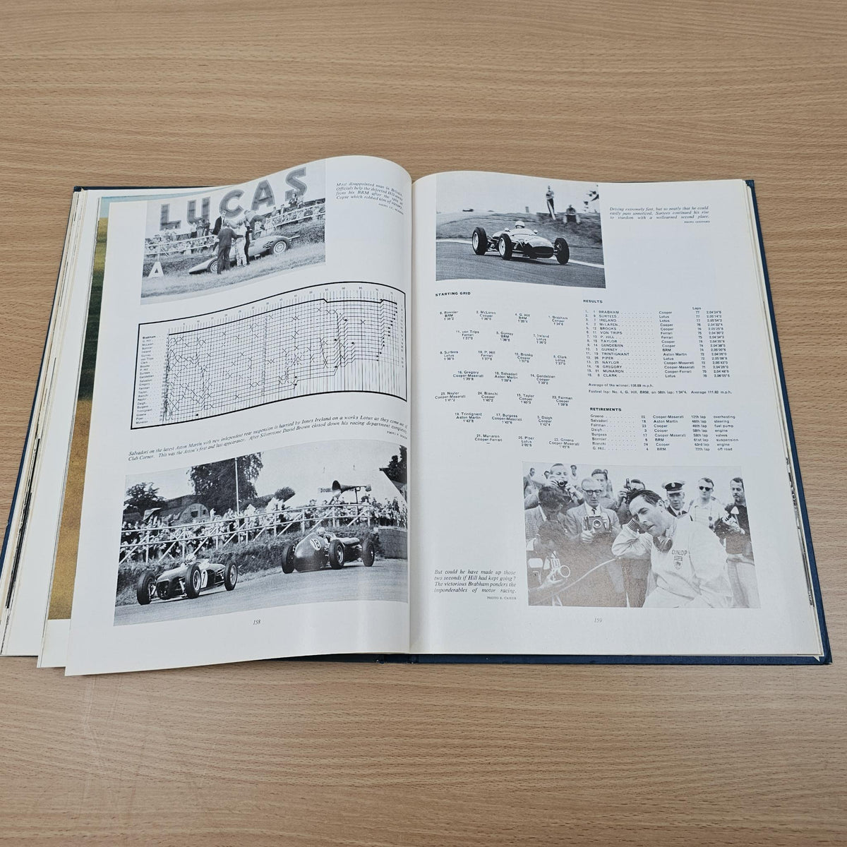 Open vintage automobile book with racing car photos, diagrams, and tables on pages