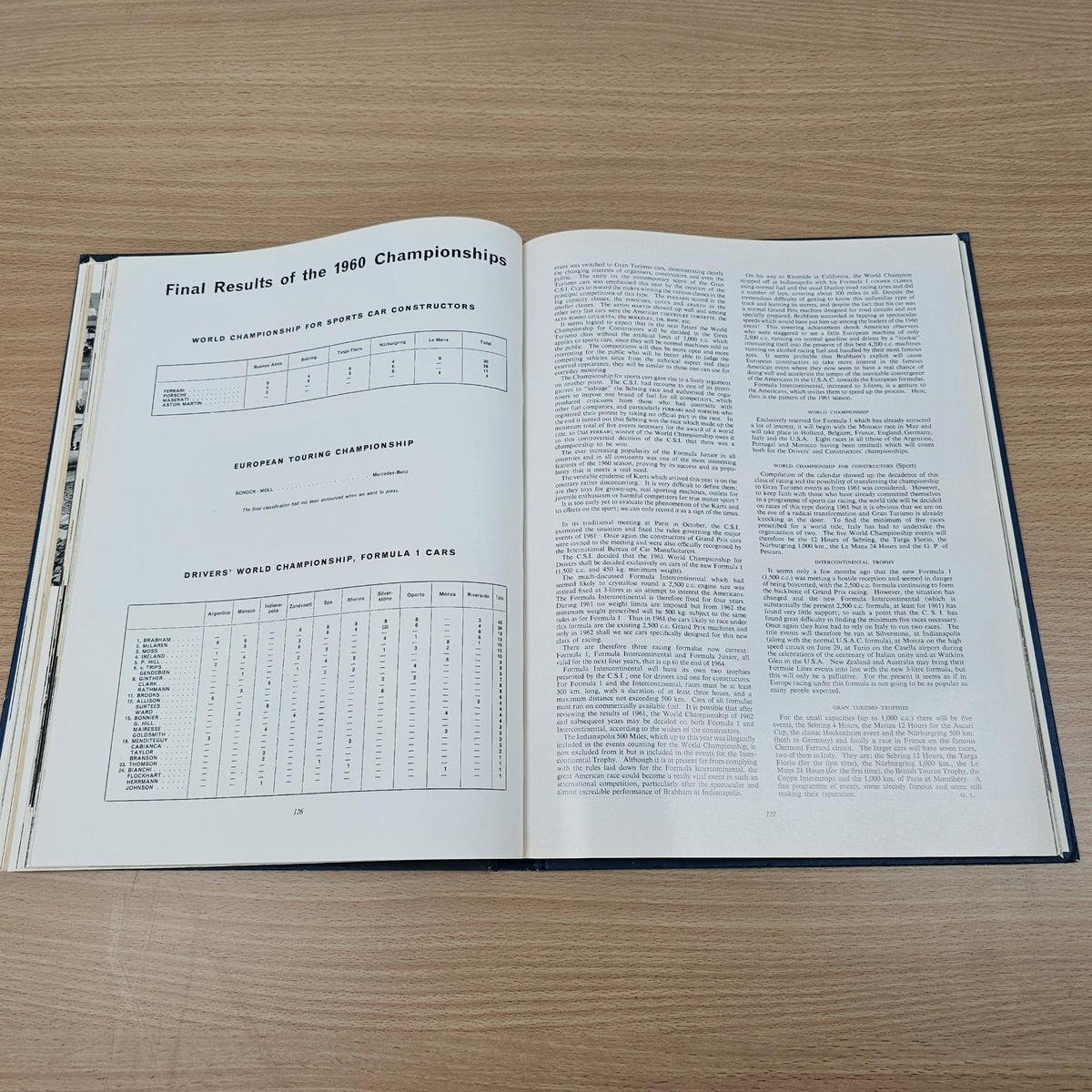 Open automobile year reference book with “Final Results” table and championship standings.