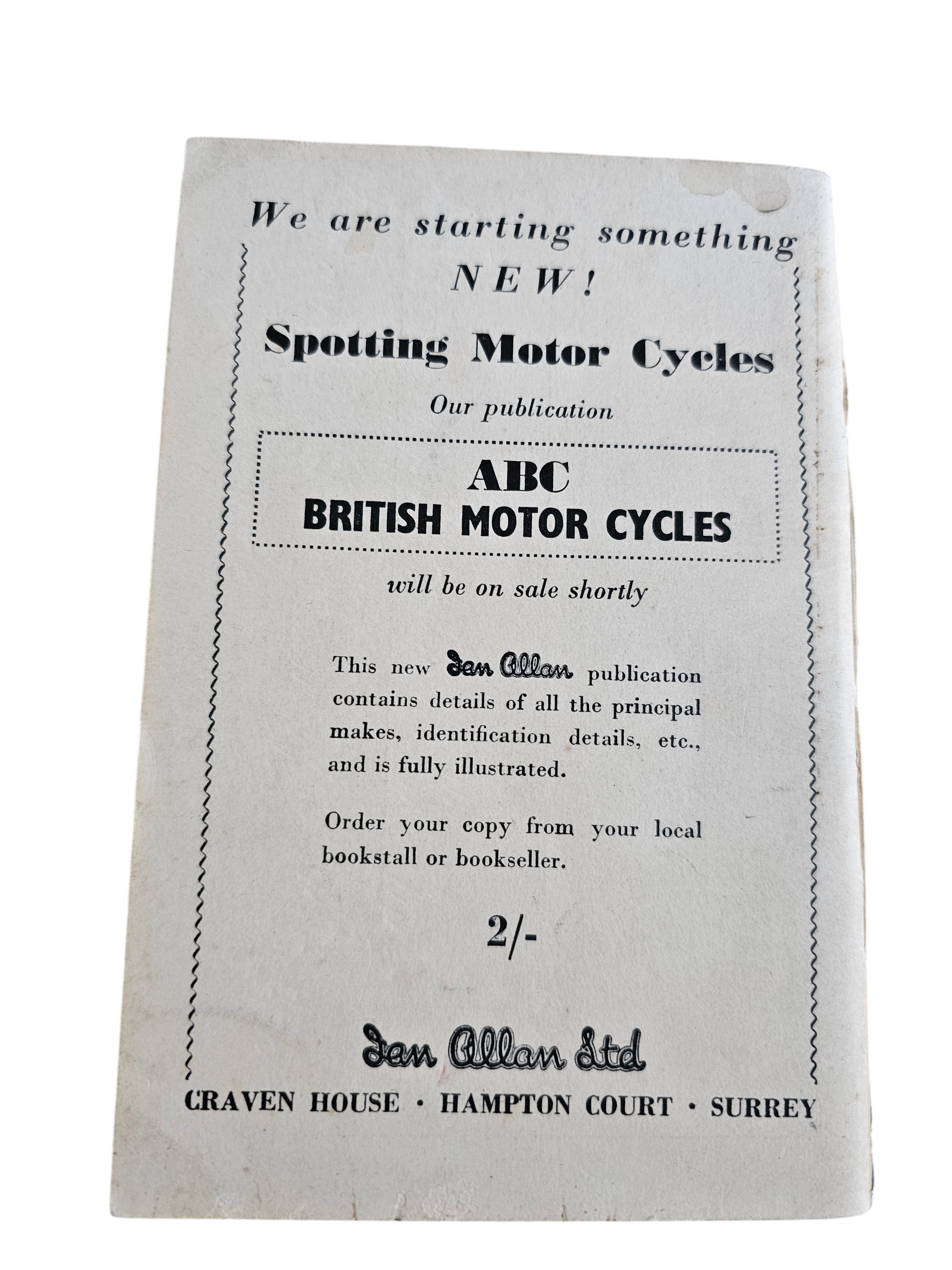 Vintage 1953 Ian Allan ABC of British Cars booklet back cover from Automoto Bookshop featuring motor cycle advert.