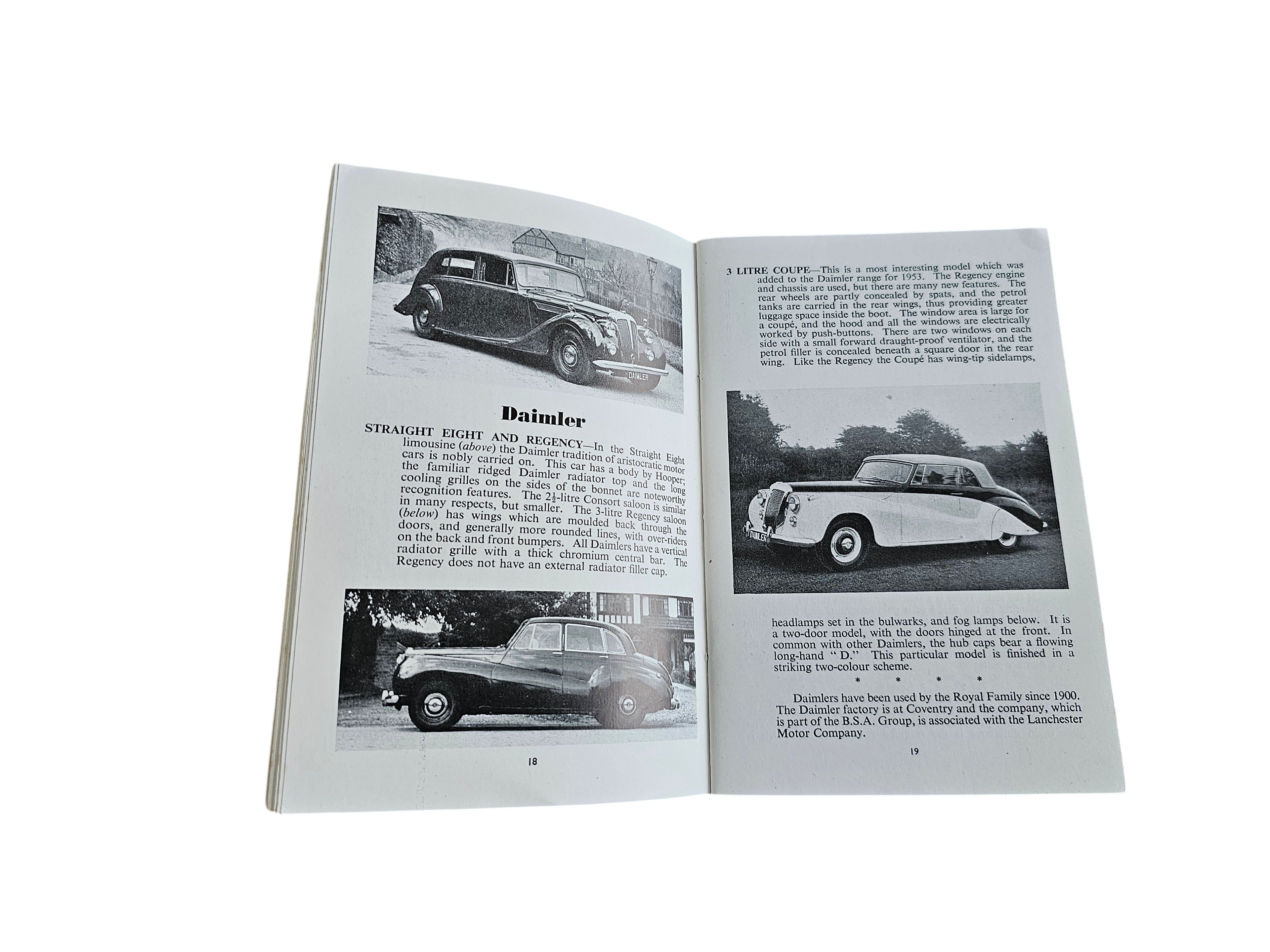 Open pages of Automoto Bookshop 1953 ABC of British Cars featuring vintage Daimler car photos and descriptions.