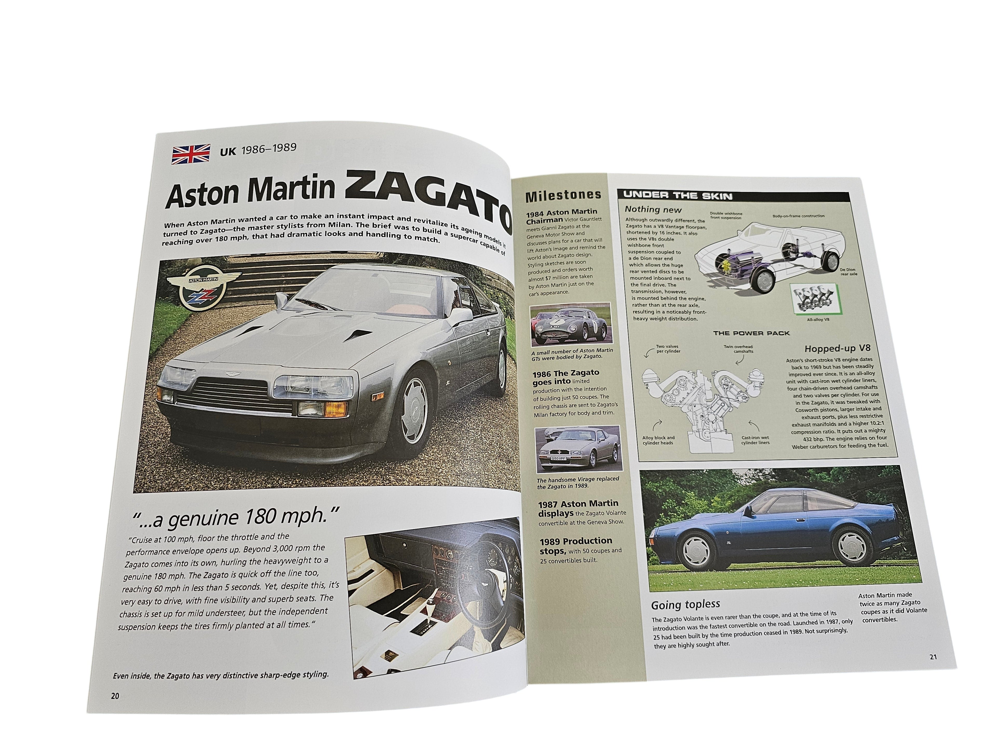 Automoto Bookshop Ultimate Performance Cars book page featuring an Aston Martin Zagato with technical diagrams