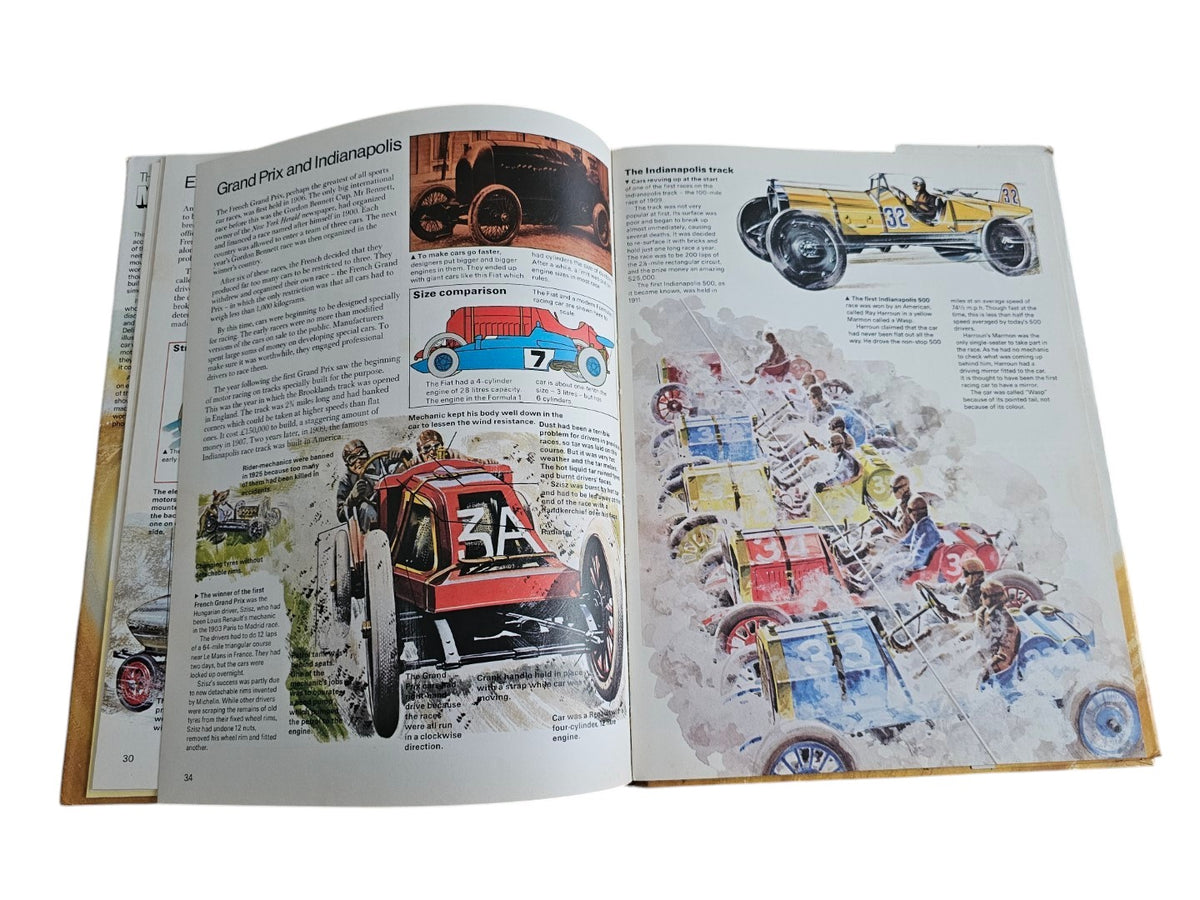 Open book with colorful vintage car cutaway and racing images.