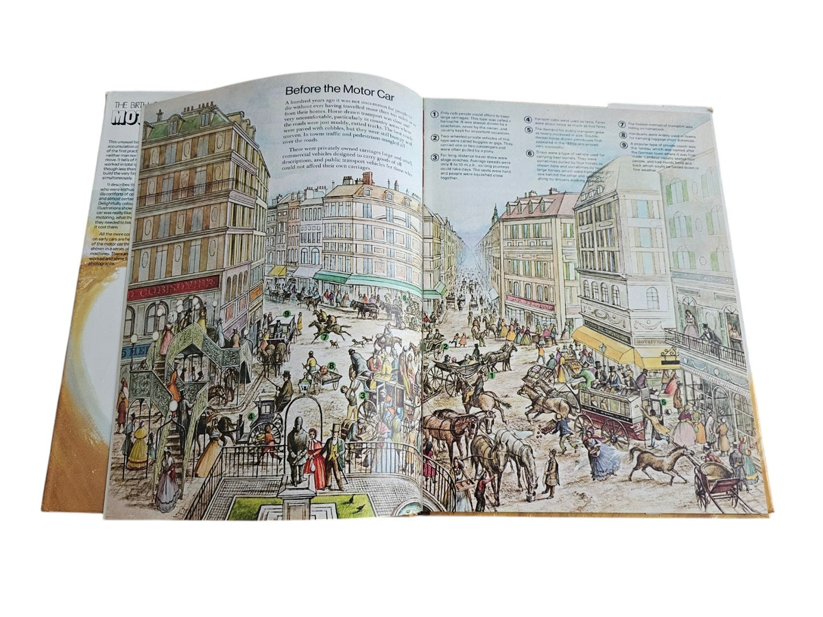 Open vintage-style book with detailed city street illustration and historical text