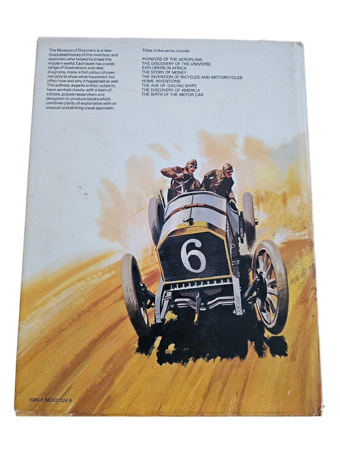 Back cover of a book with vintage racing car illustration and numbered plate 6.