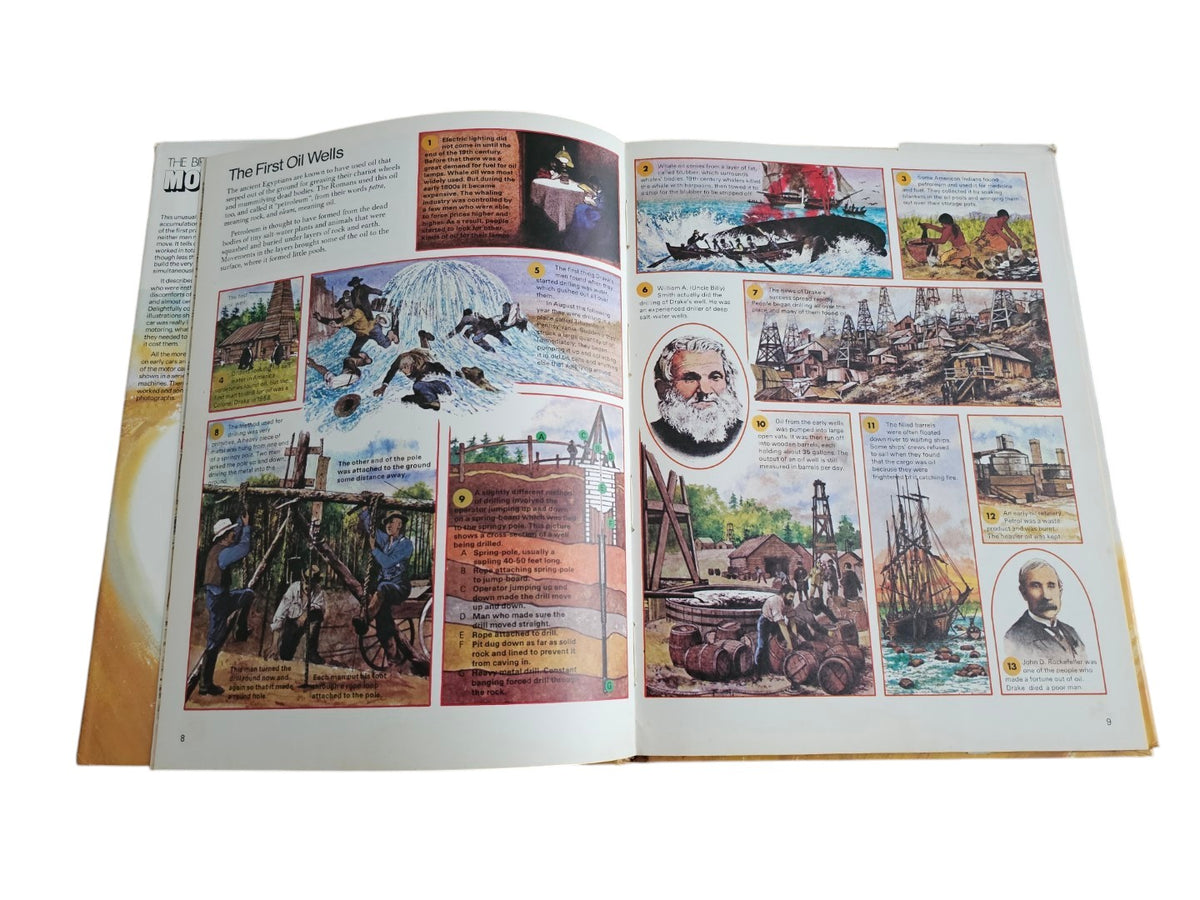 Open book with vintage car illustrations and small text pages.