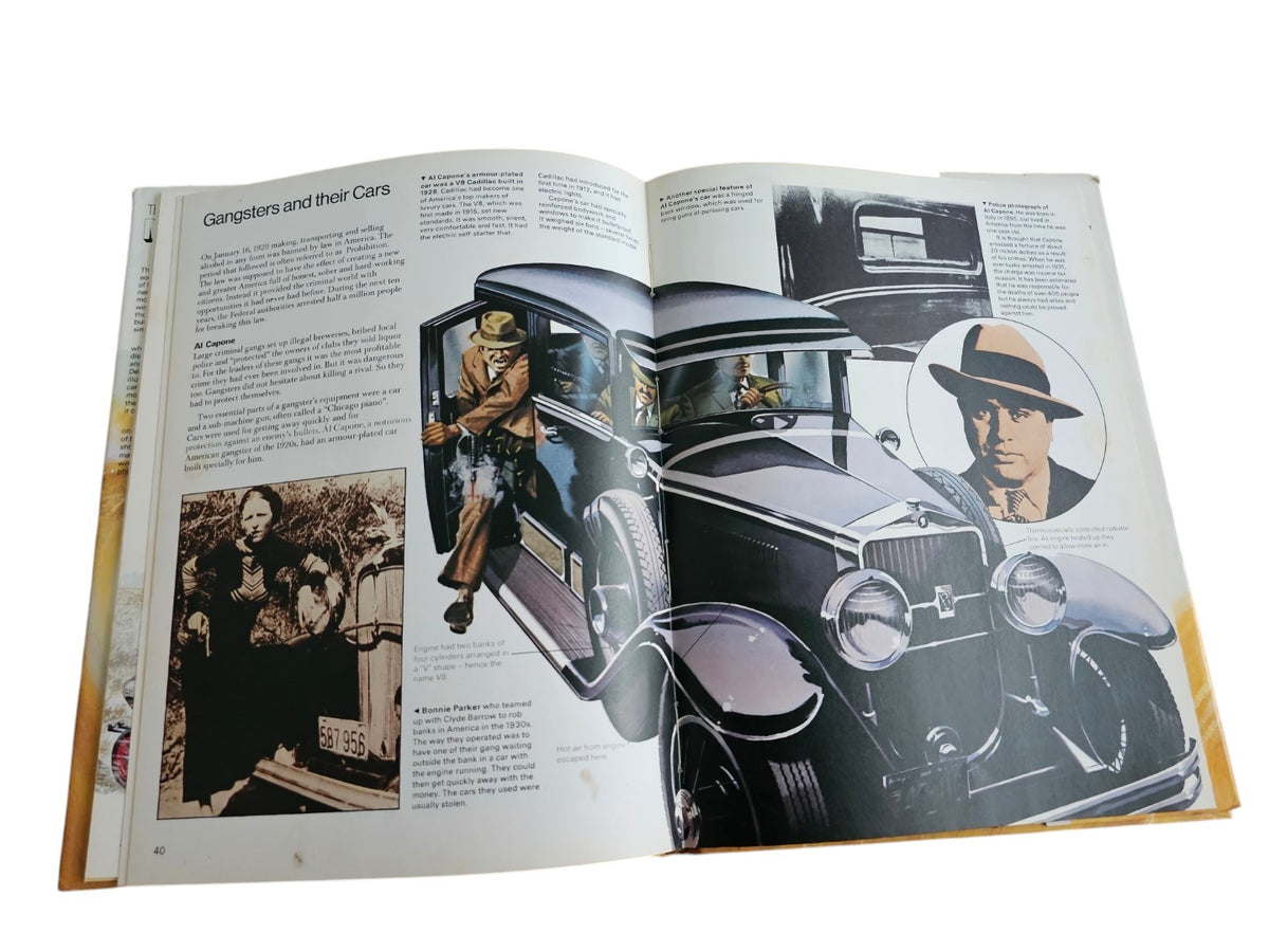 Open book featuring a black vintage car and period portraits.