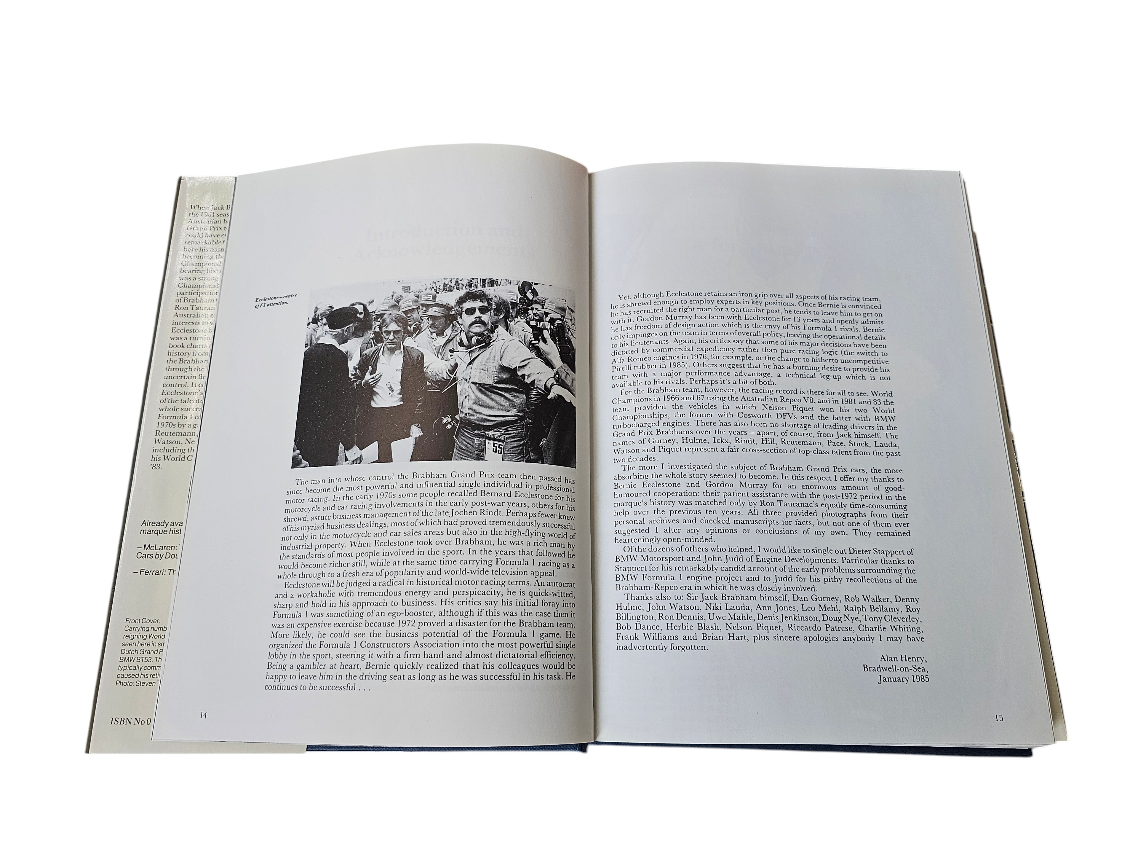 Brabham Grand Prix Cars book open with group photo and surrounding paragraphs
