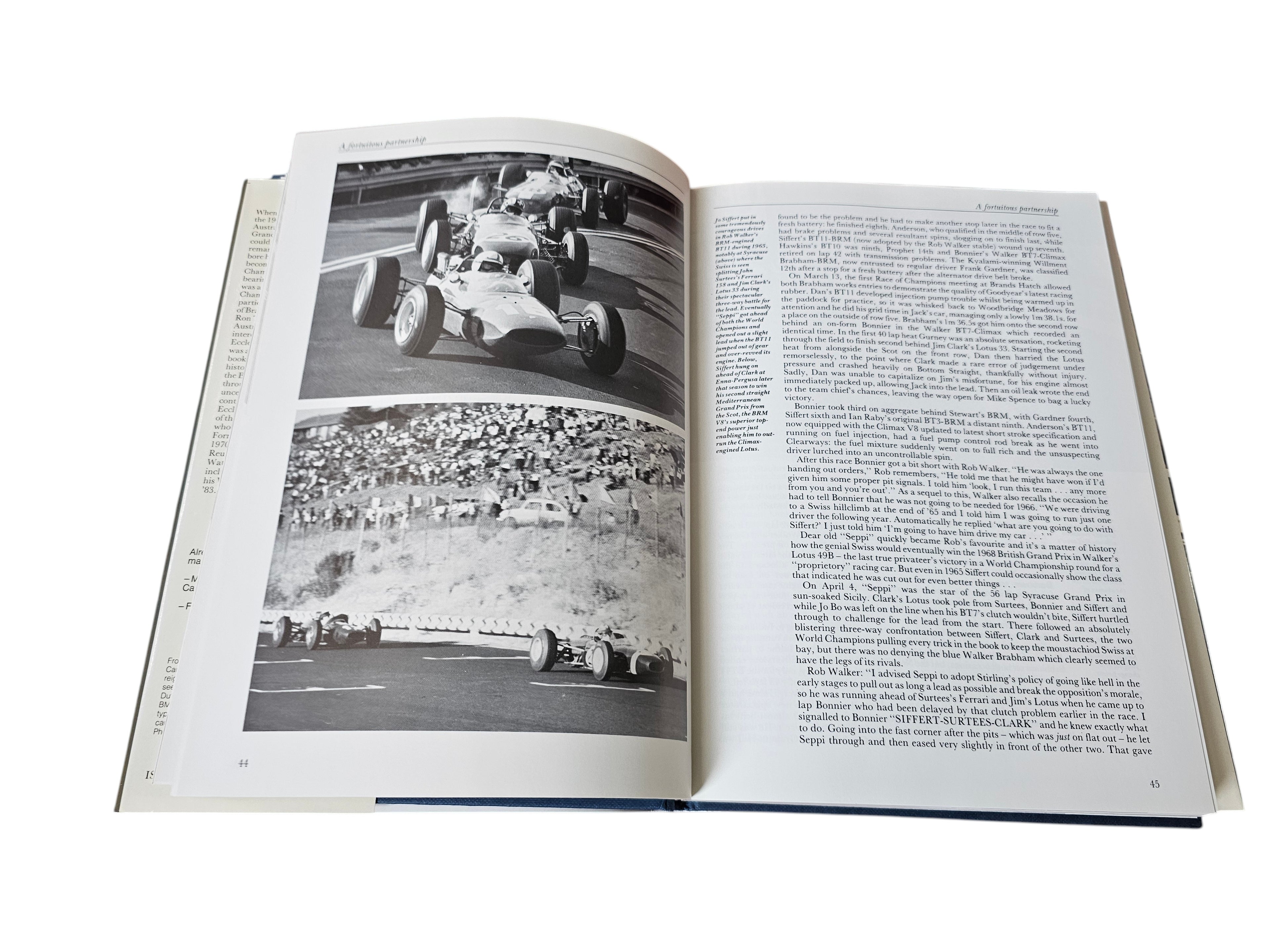Brabham Grand Prix Cars book open showing two monochrome race photos and text