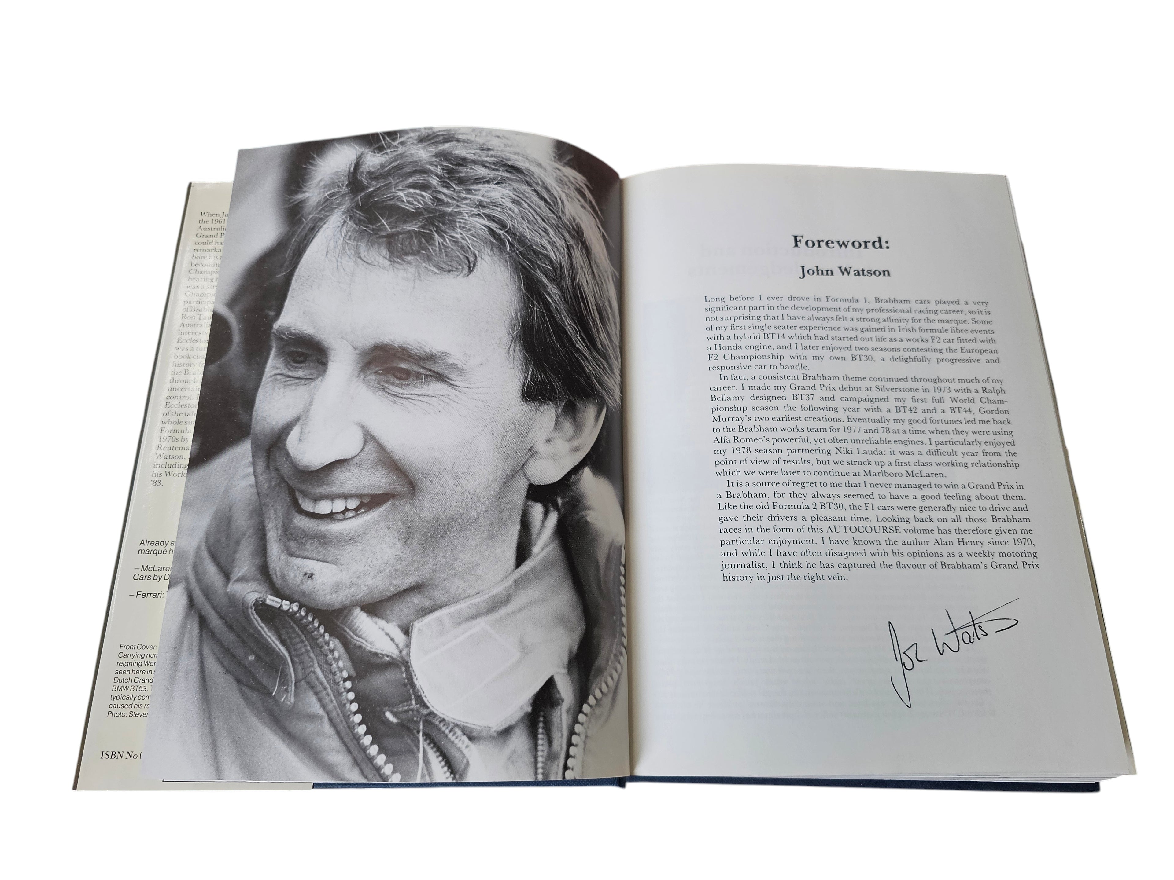 Brabham Grand Prix Cars book open showing black-and-white portrait and foreword text
