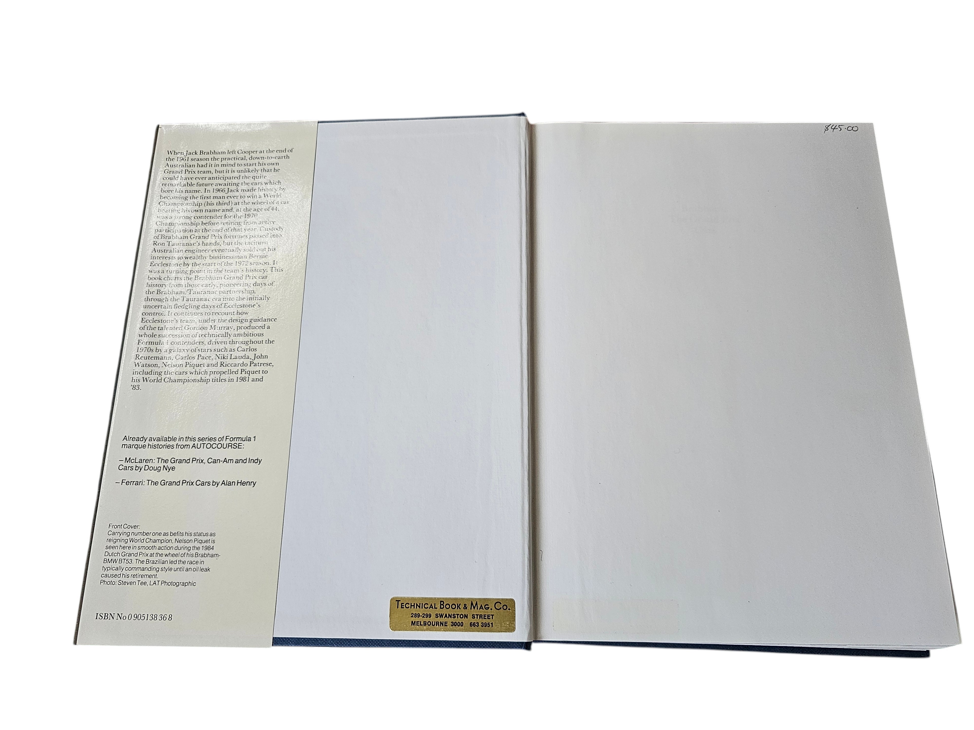 Brabham Grand Prix Cars book open, with printed back cover and blank interior pages