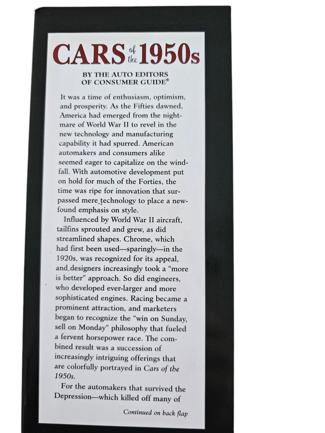Automoto Bookshop Cars of the 1950s hardcover book back cover featuring historical text about post-war car design