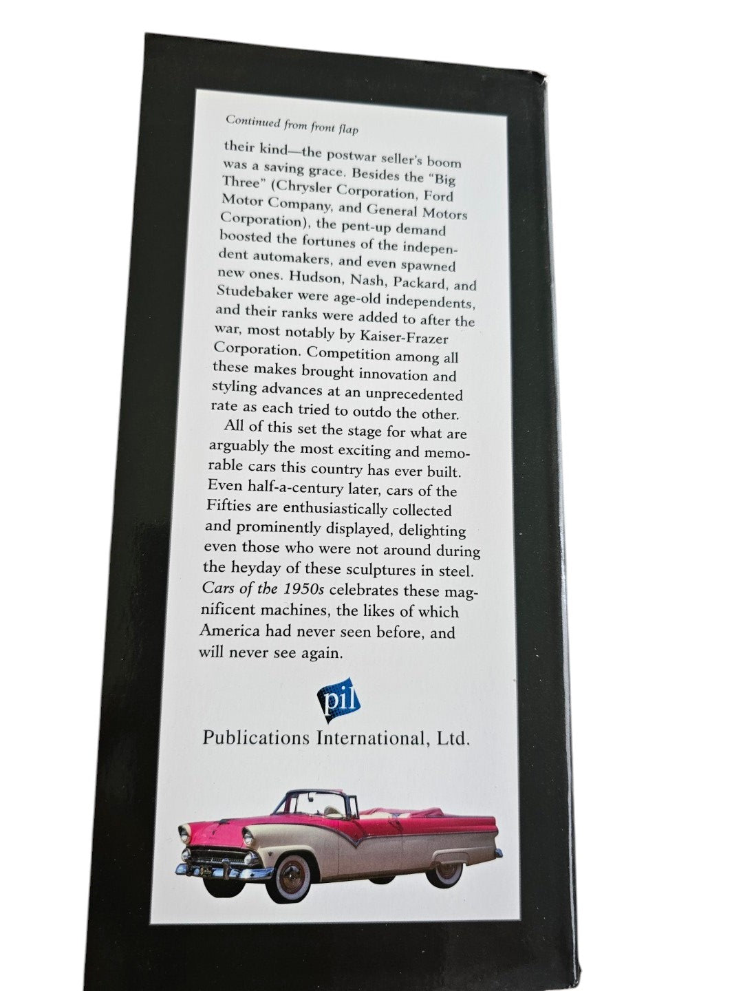 Back cover of Cars of the 1950's book by Automoto Bookshop featuring text and a vintage pink convertible illustration