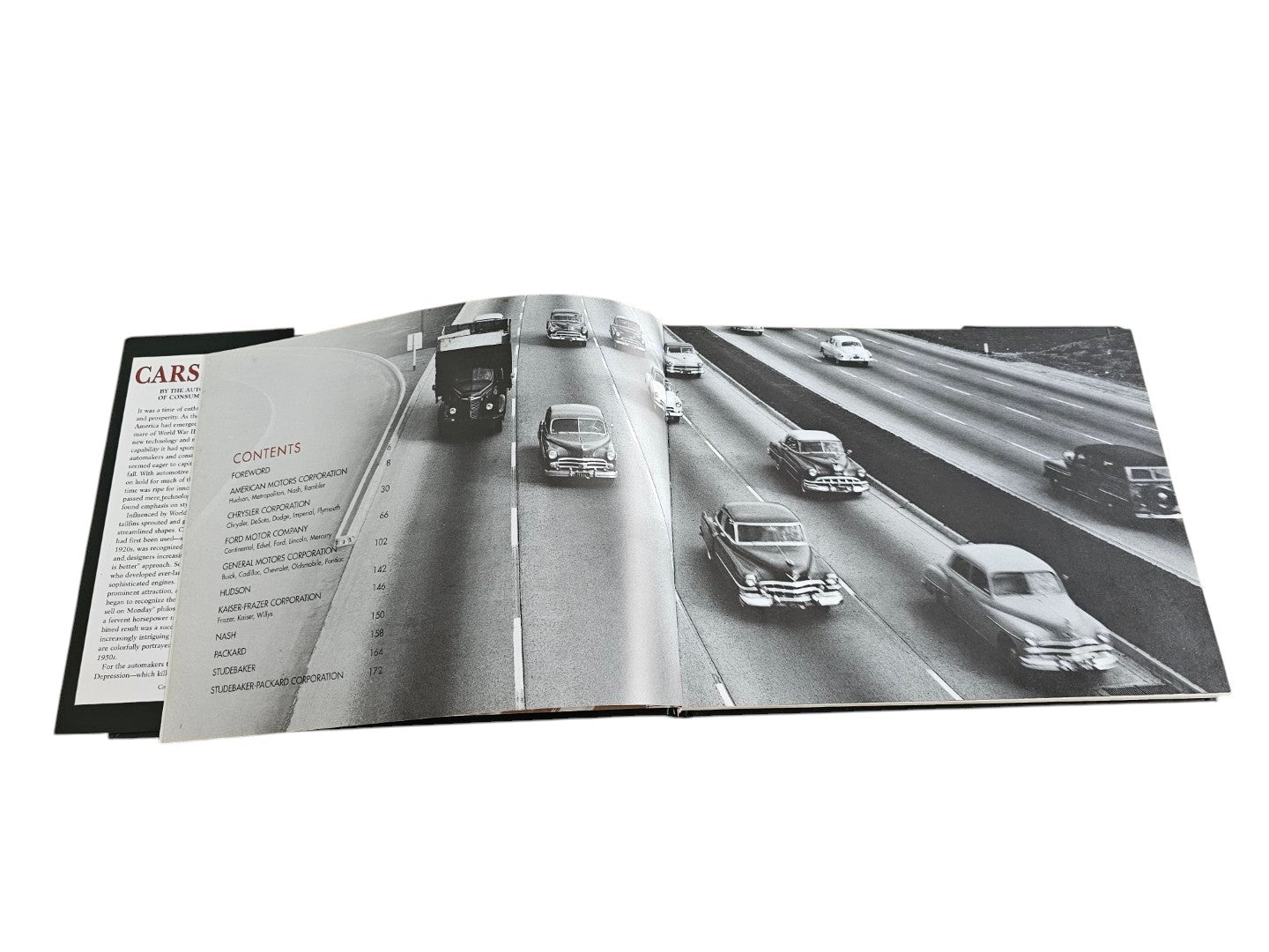 Automoto Bookshop Cars of the 1950's hardcover book open to the contents page featuring vintage highway photography