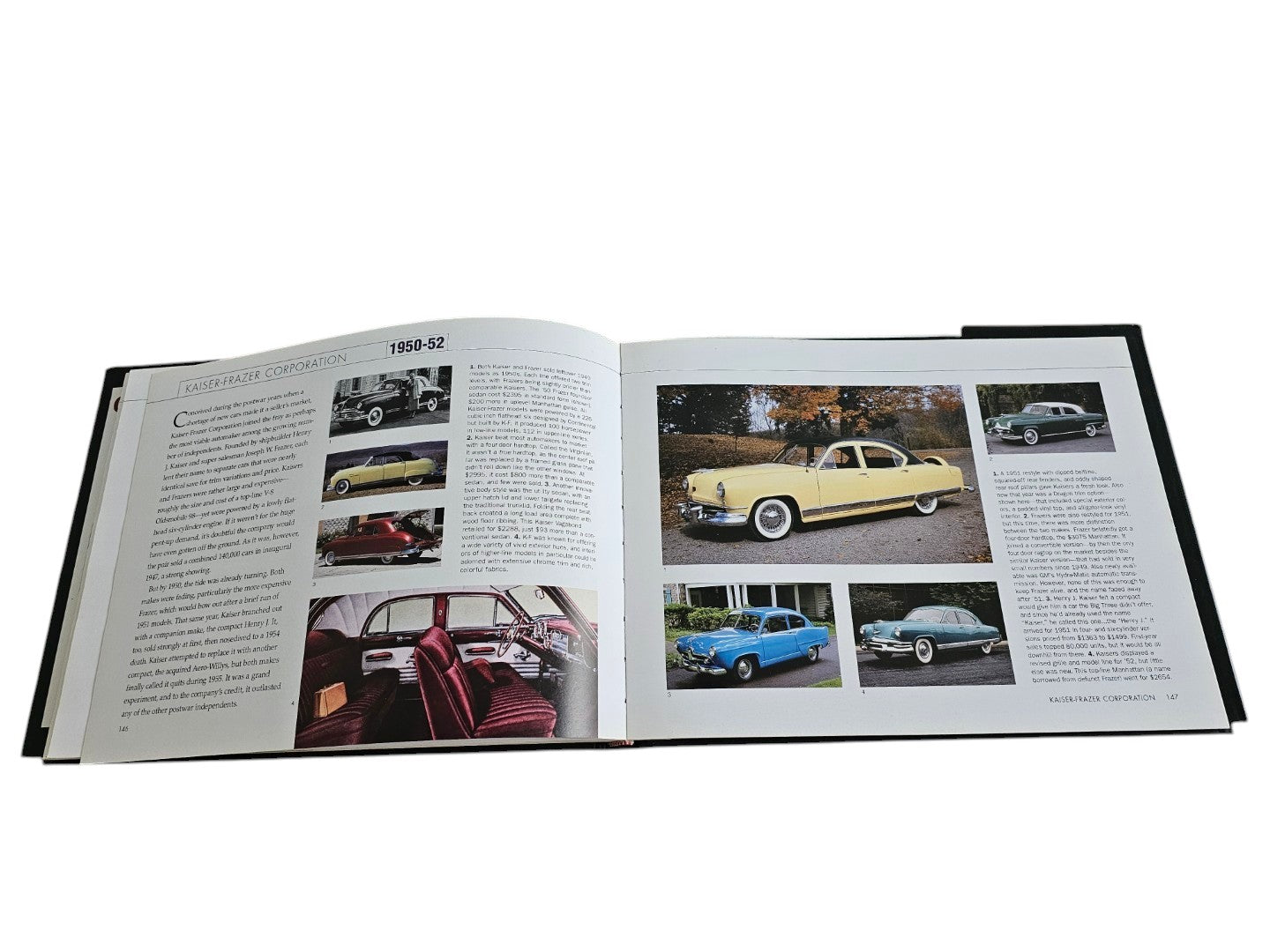 Automoto Bookshop Cars of the 1950's hardcover book open to a page featuring vintage Kaiser-Frazer car photographs
