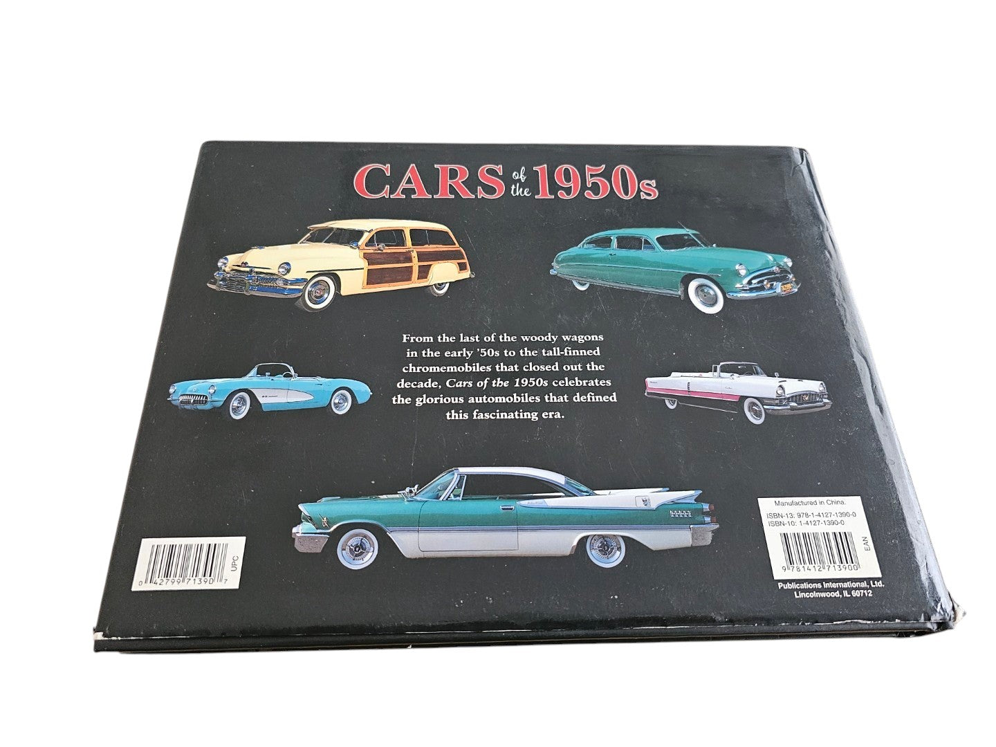 Back cover of Automoto Bookshop Cars of the 1950's hardcover book featuring vintage classic car illustrations