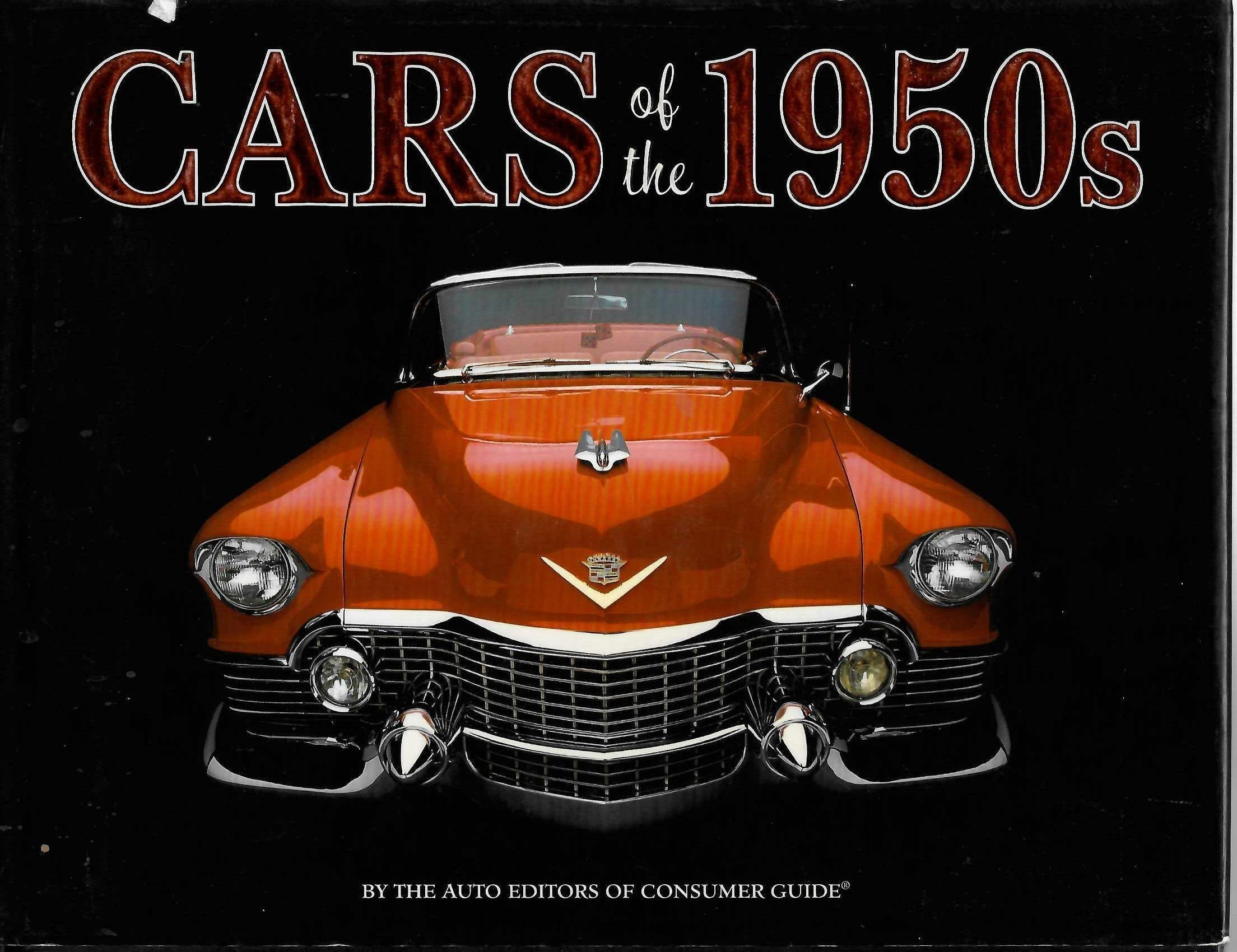 Automoto Bookshop hardcover book Cars of the 1950's featuring a vintage orange Cadillac on the black cover