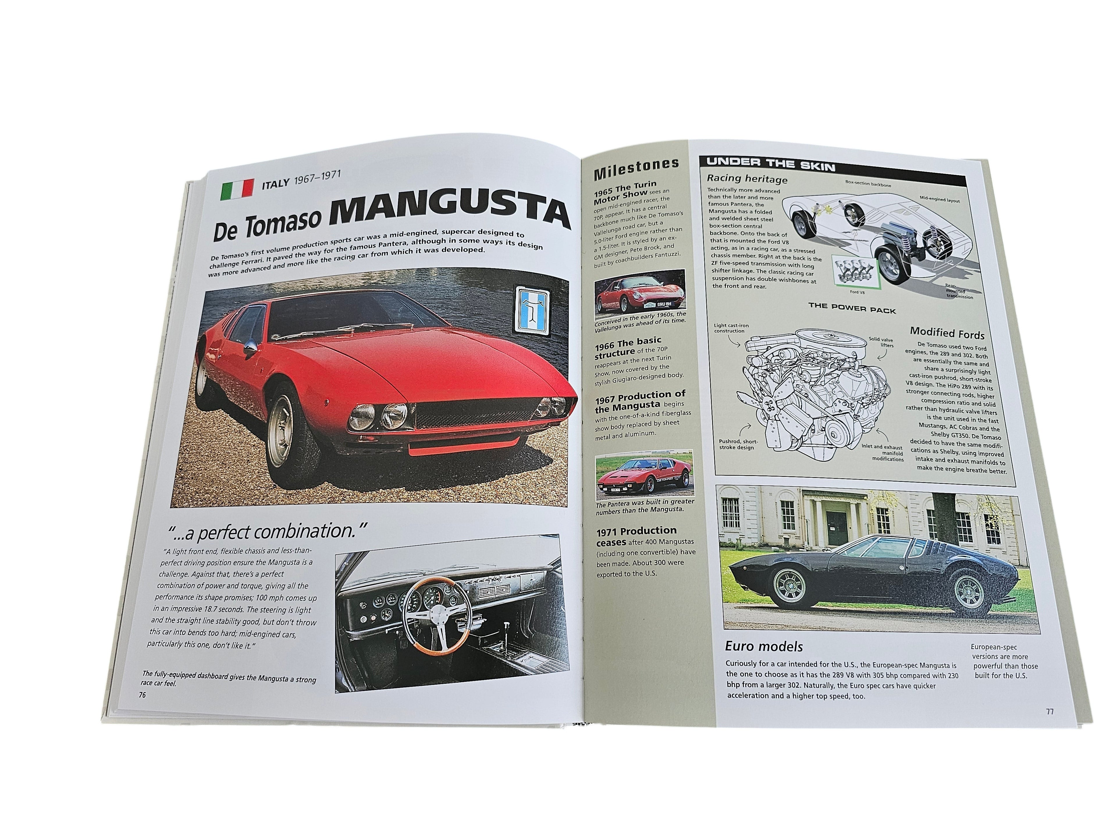 Automoto Bookshop Ultimate Performance Cars book open to the De Tomaso Mangusta page featuring photos and technical specs