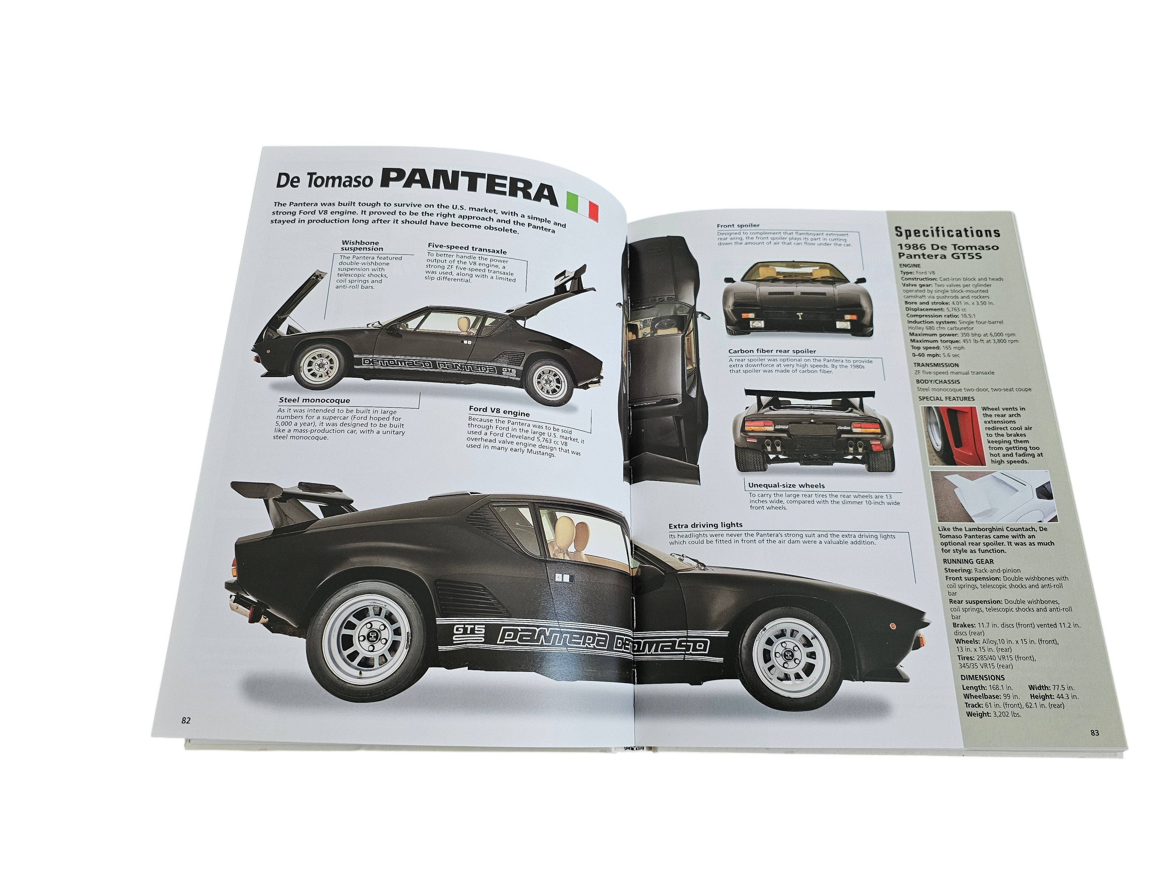 Automoto Bookshop Ultimate Performance Cars book open to a page featuring a black De Tomaso Pantera with technical specs
