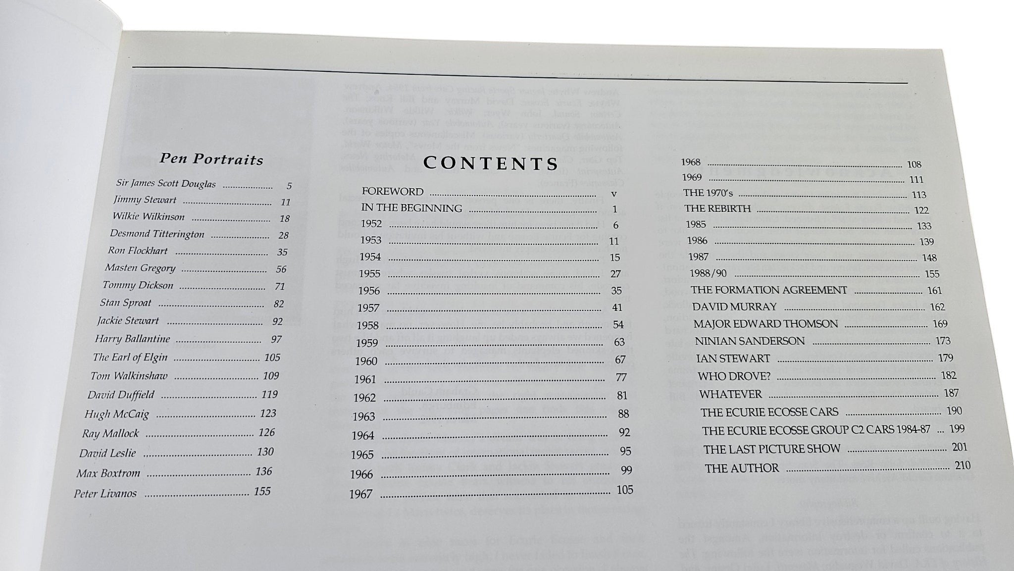 Ecurie Ecosse motorsport history book, open contents page with two-column lists.