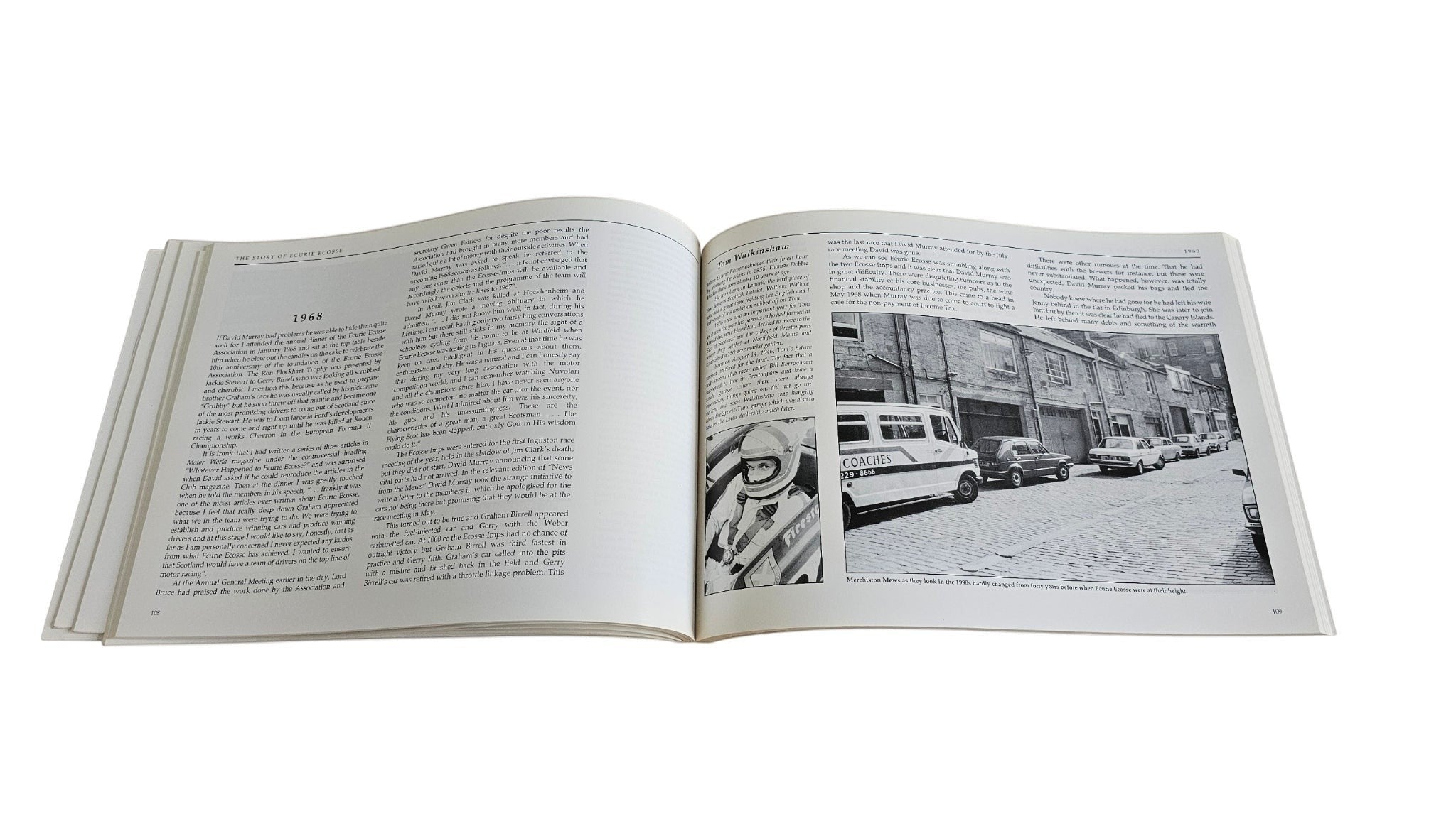 Ecurie Ecosse motorsport history book, open spread with street photo inset and text.