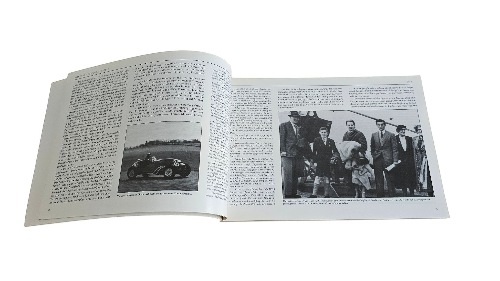 Ecurie Ecosse motorsport history book, open spread with race car photo and text.