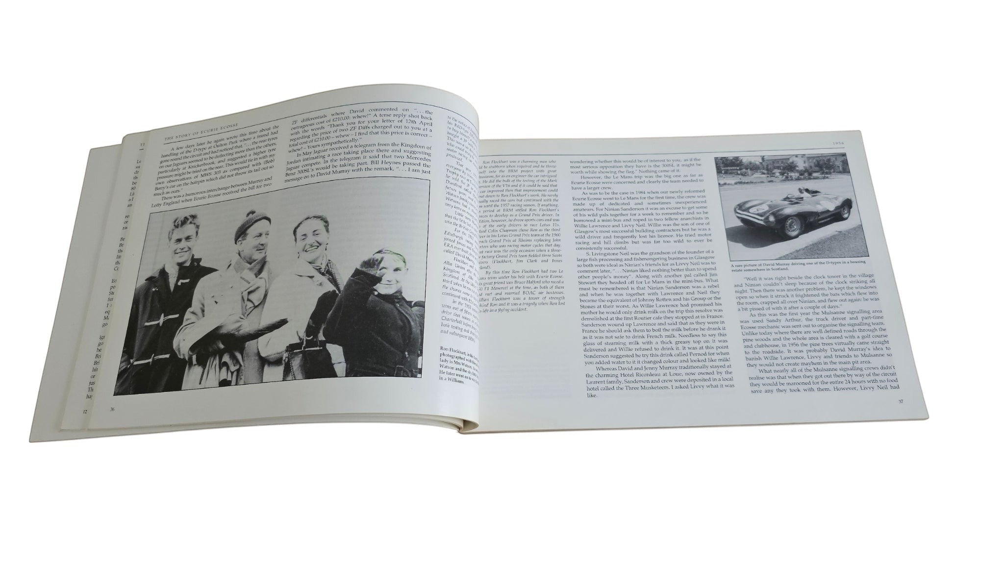 Ecurie Ecosse motorsport history book, open spread with group portrait photos and text.
