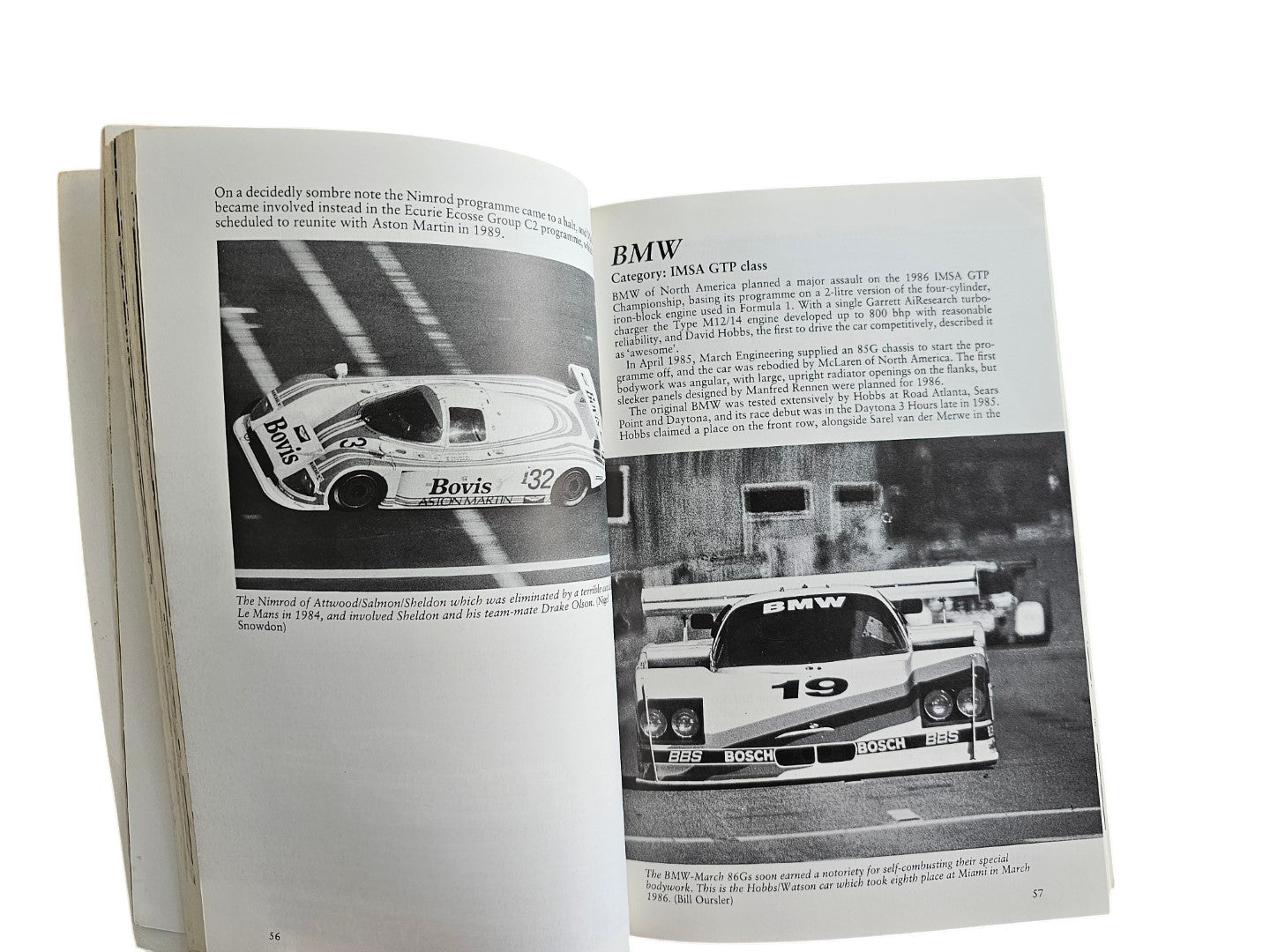 Automoto Bookshop paperback showing black and white photos of BMW and Nimrod Group C and IMSA race cars