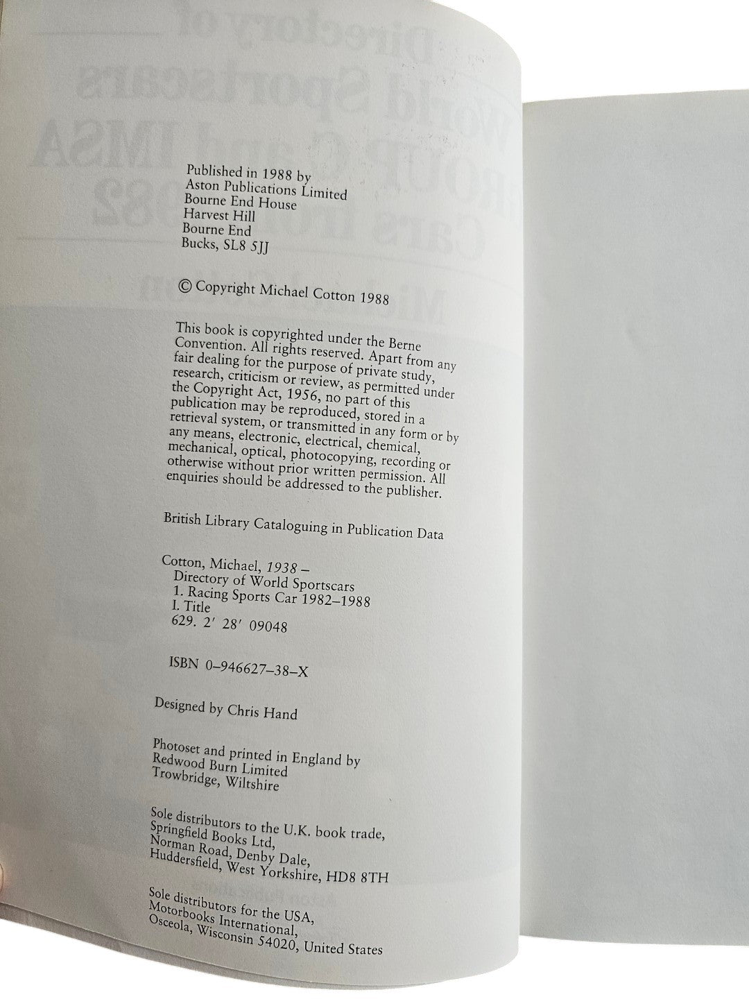 Copyright page of Automoto Bookshop Directory of World Sportscars Group C and IMSA Cars book by Michael Cotton