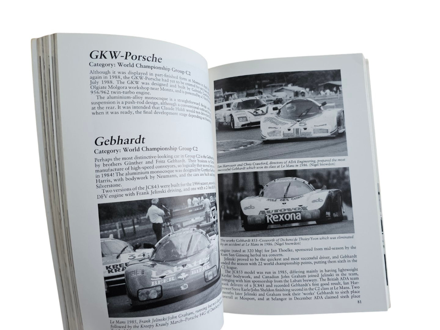 Automoto Bookshop paperback showing GKW-Porsche and Gebhardt Group C race cars with historical text and photos