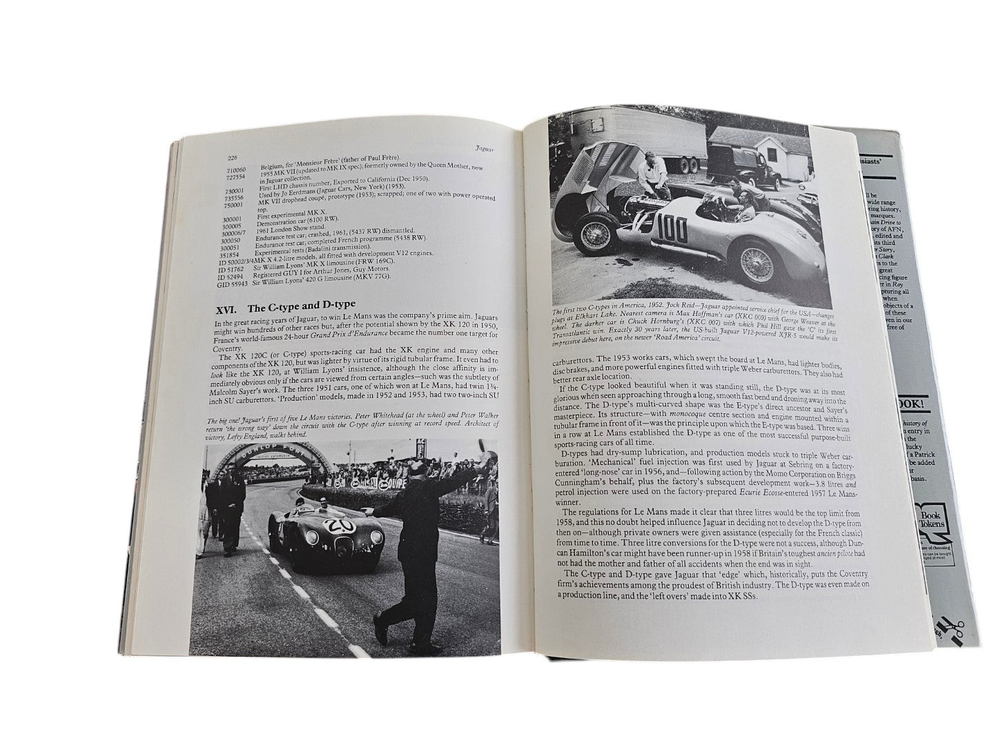 Automoto Bookshop Jaguar The Definitive History book open to a page featuring black and white photos of C-type cars